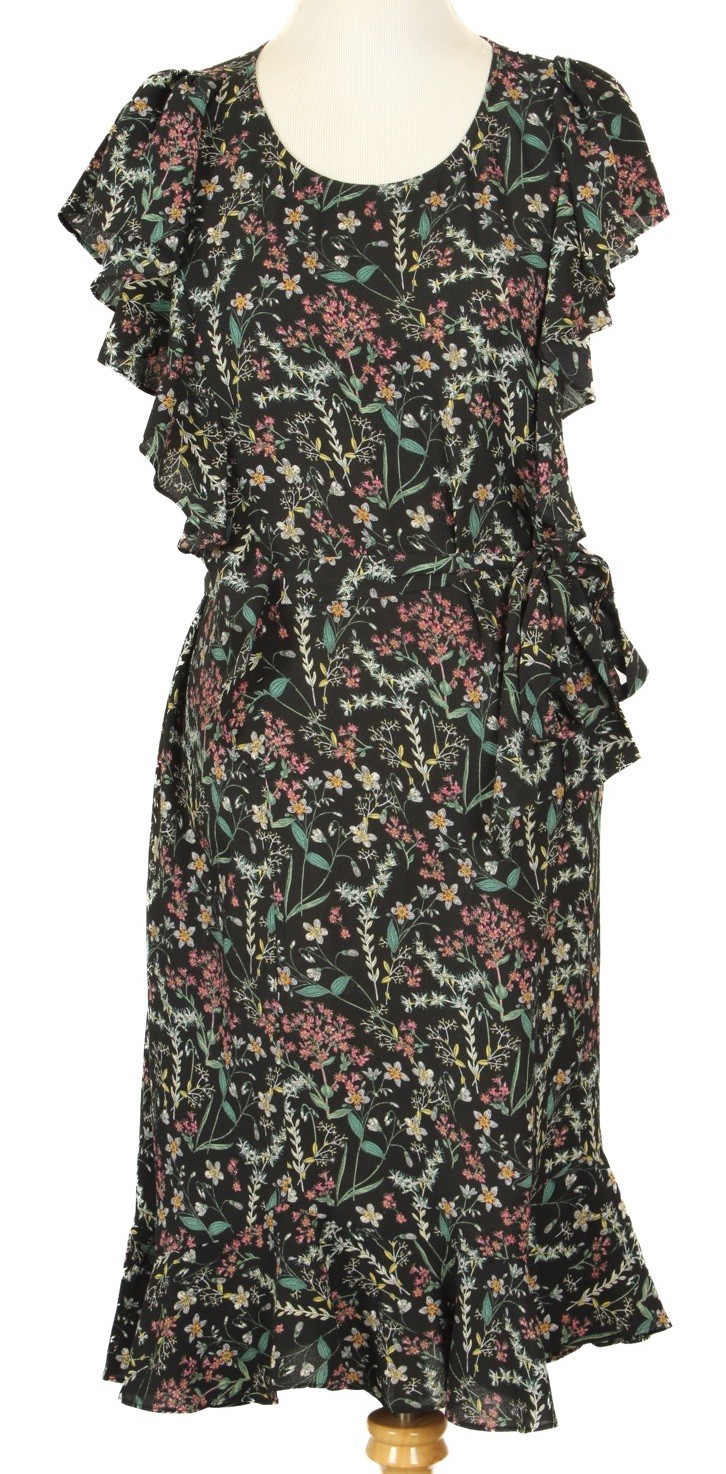 Max Studio Dress Women’s Small Black Red Green Floral A Line Ruffle Short Sleeve