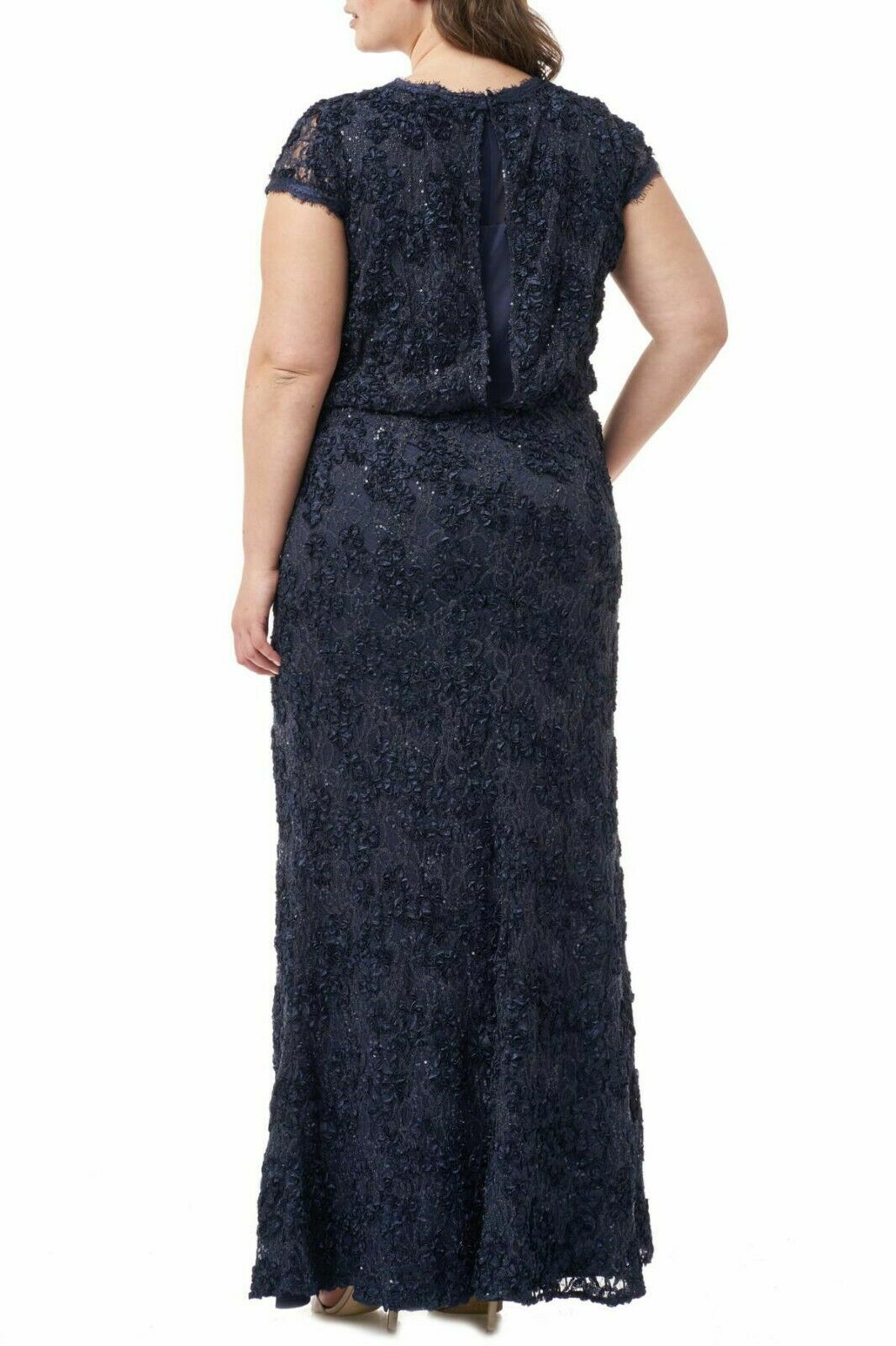 JS COLLECTIONS Navy Sequined Soutache Lace Blouson Bodycon Gown SZ 12 NEW