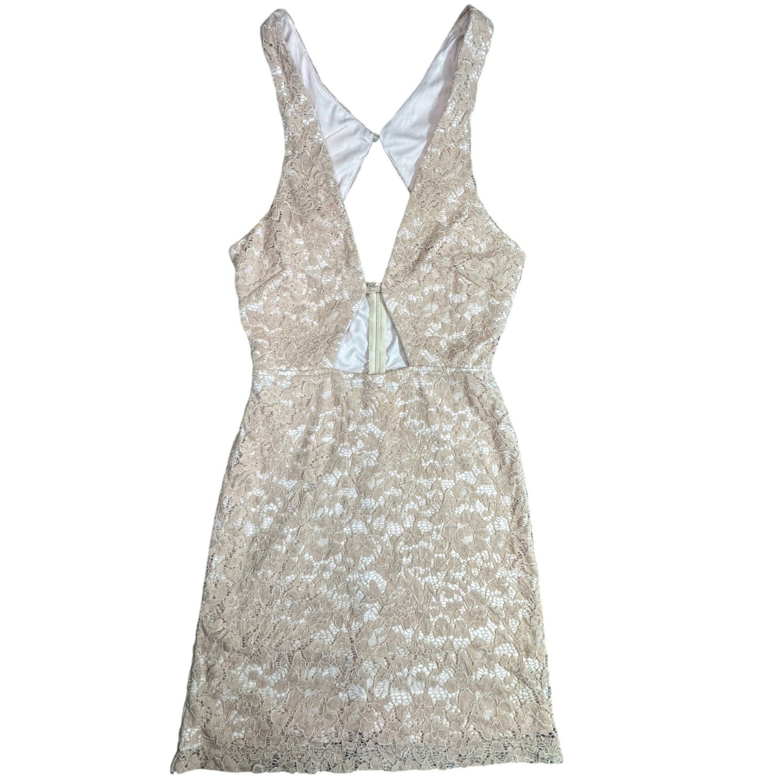 By The Way Beige Lace Plunging V-Neck Cutout Back Mini Dress Womens Size M