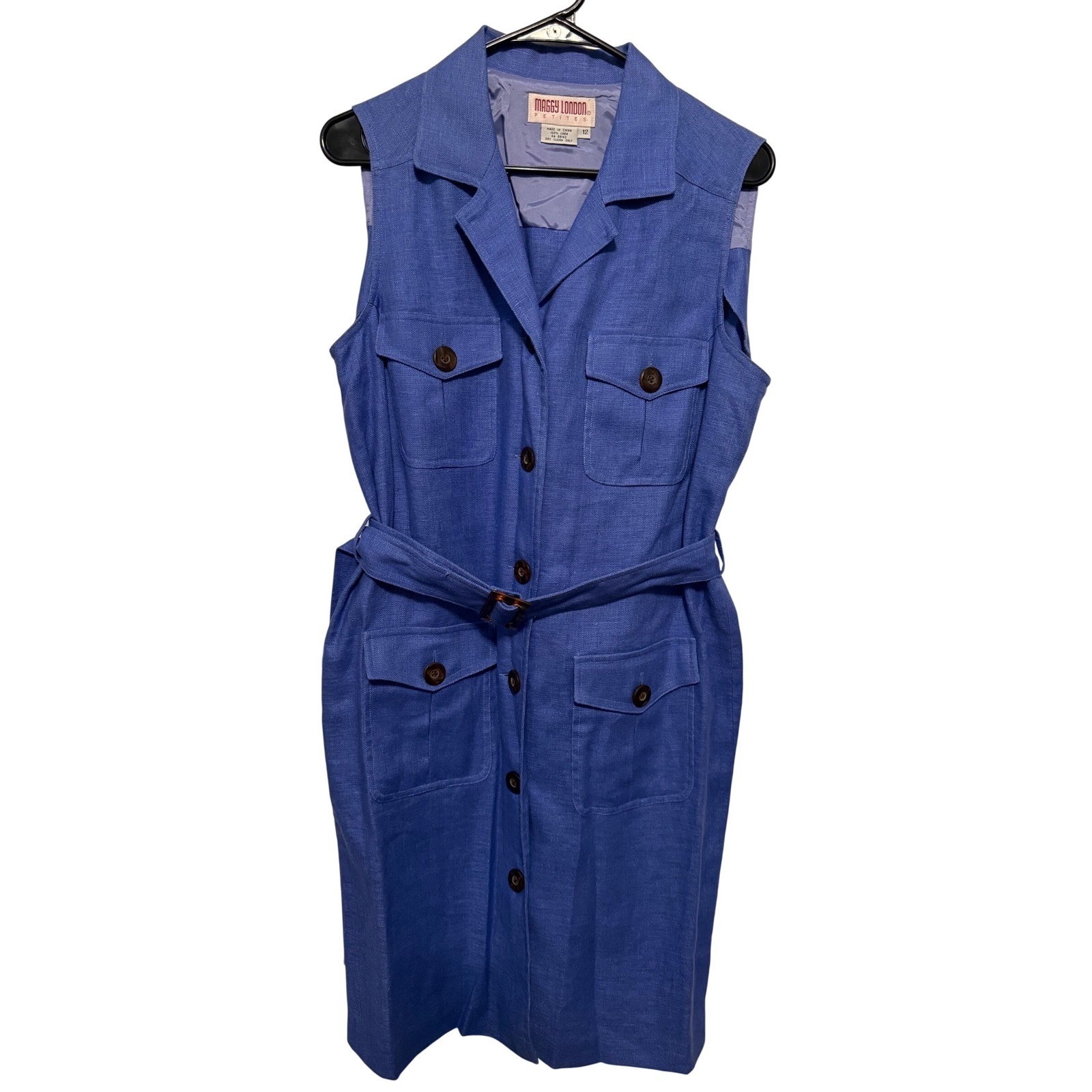 Maggy London Petties Sleeveless Belted Shirt Dress Blue Size 12 100% Linen