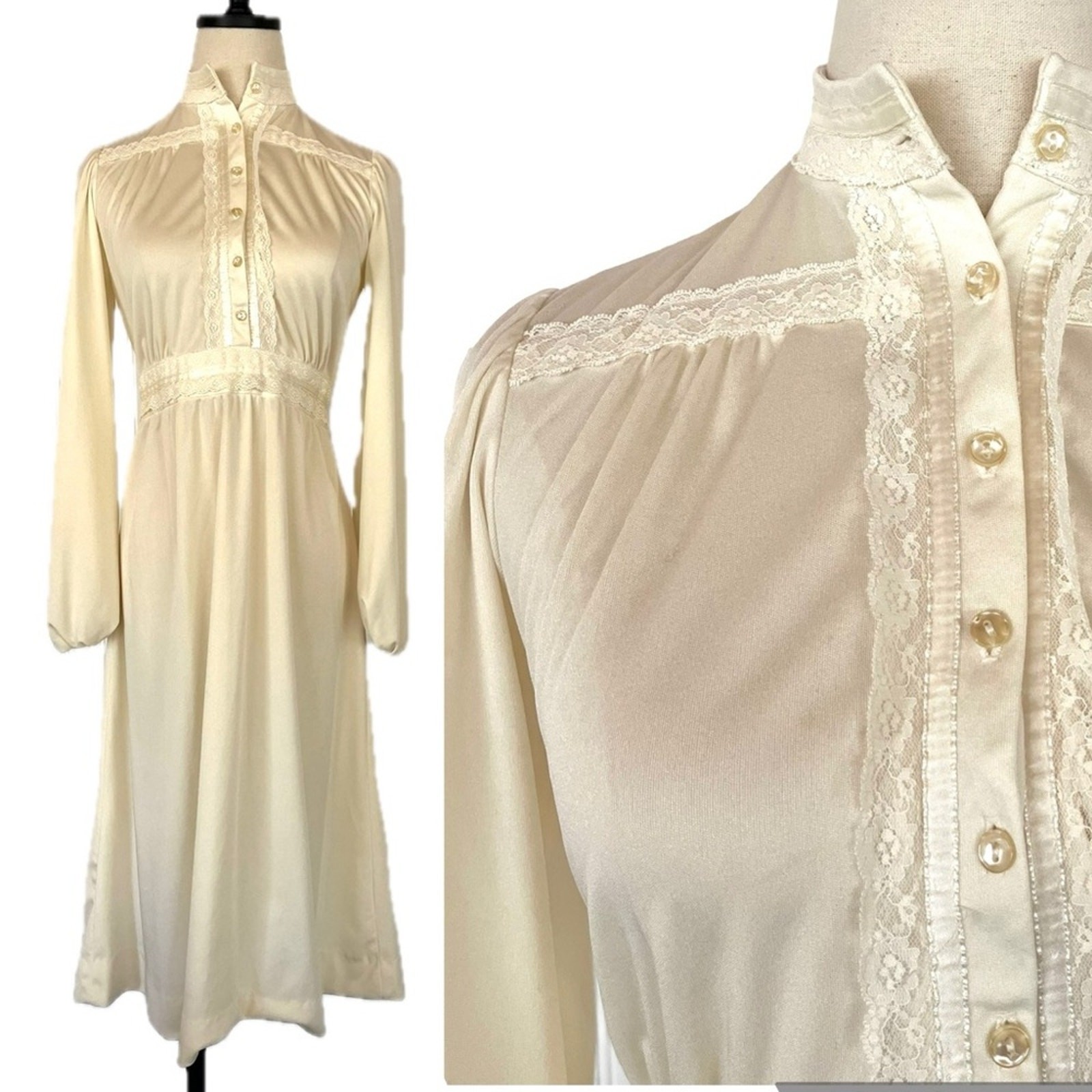 Vintage 70’s Cream Lace Midi Dress Bow Tie Waist Polyester Girly Coquette Ribbon
