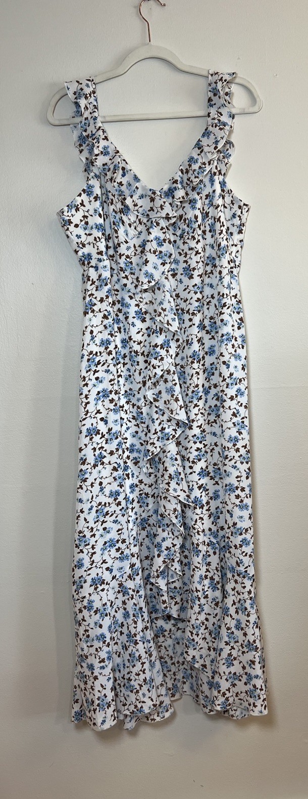 Est 1946 Dress Women’s L White Blue Bell Floral Ruffle Front Cottagecore NWT