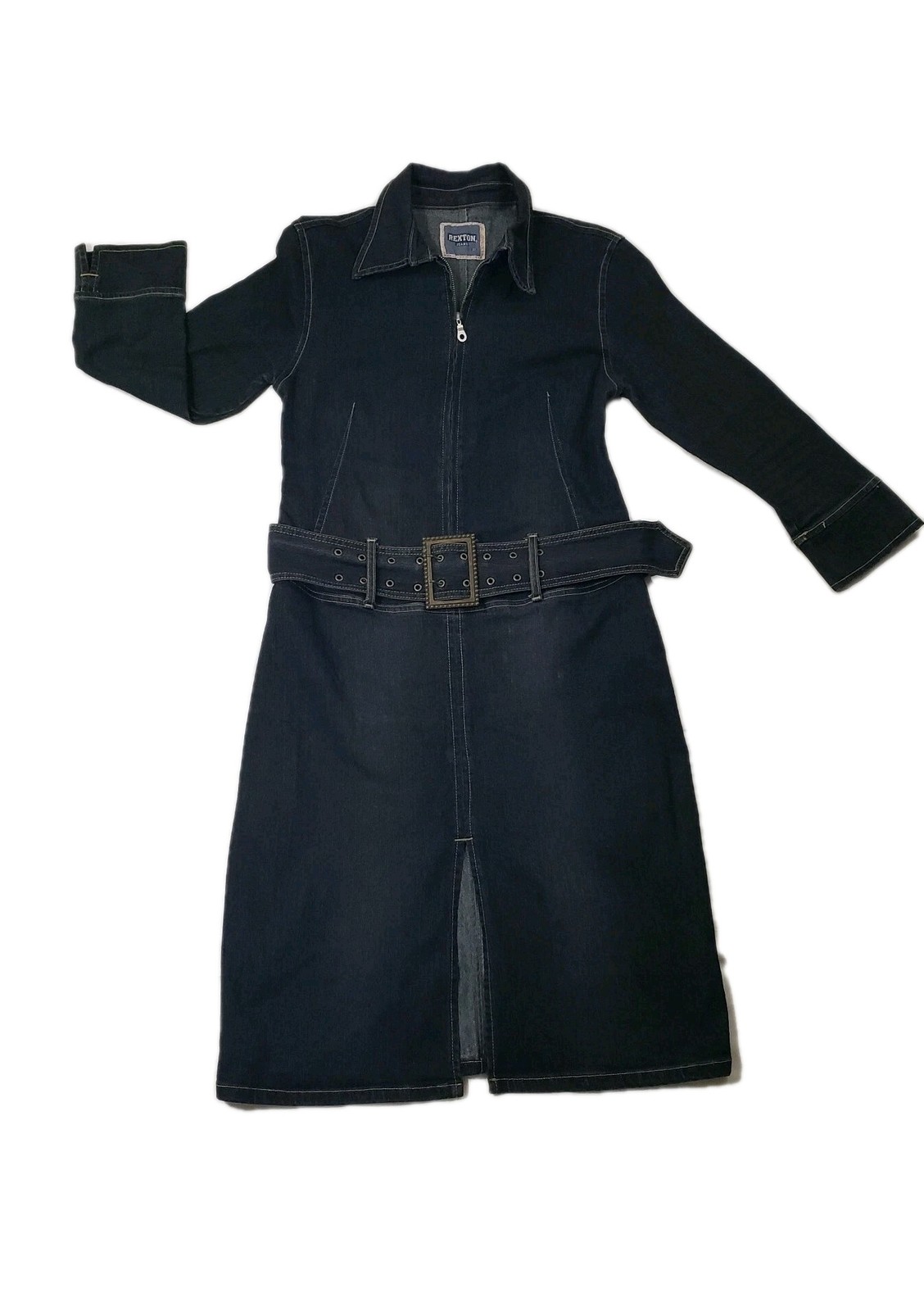 Dress Denim Y2K Black Zipper 3/4 Sleeve Buckle Belt Size 32 Stretchy