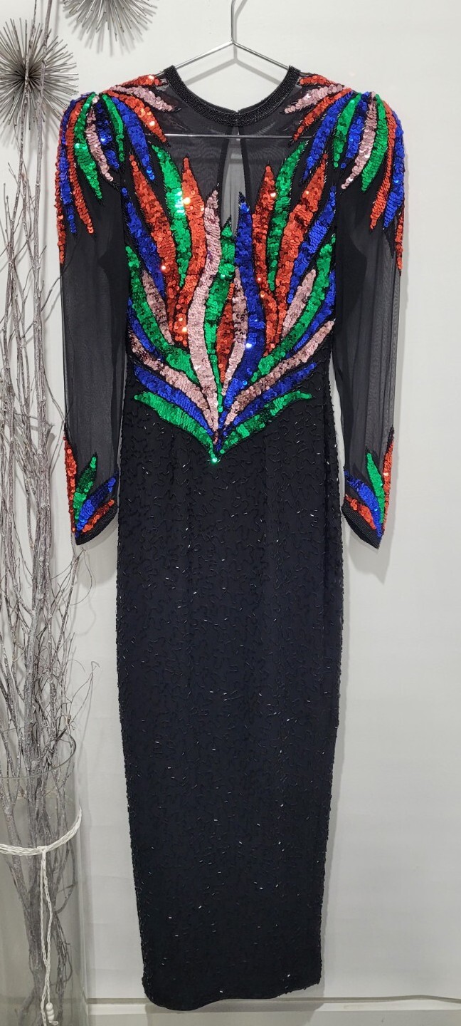 Sho Max Originals Sequin Rainbow Long Evening Party Cocktail Dress Women Size XS