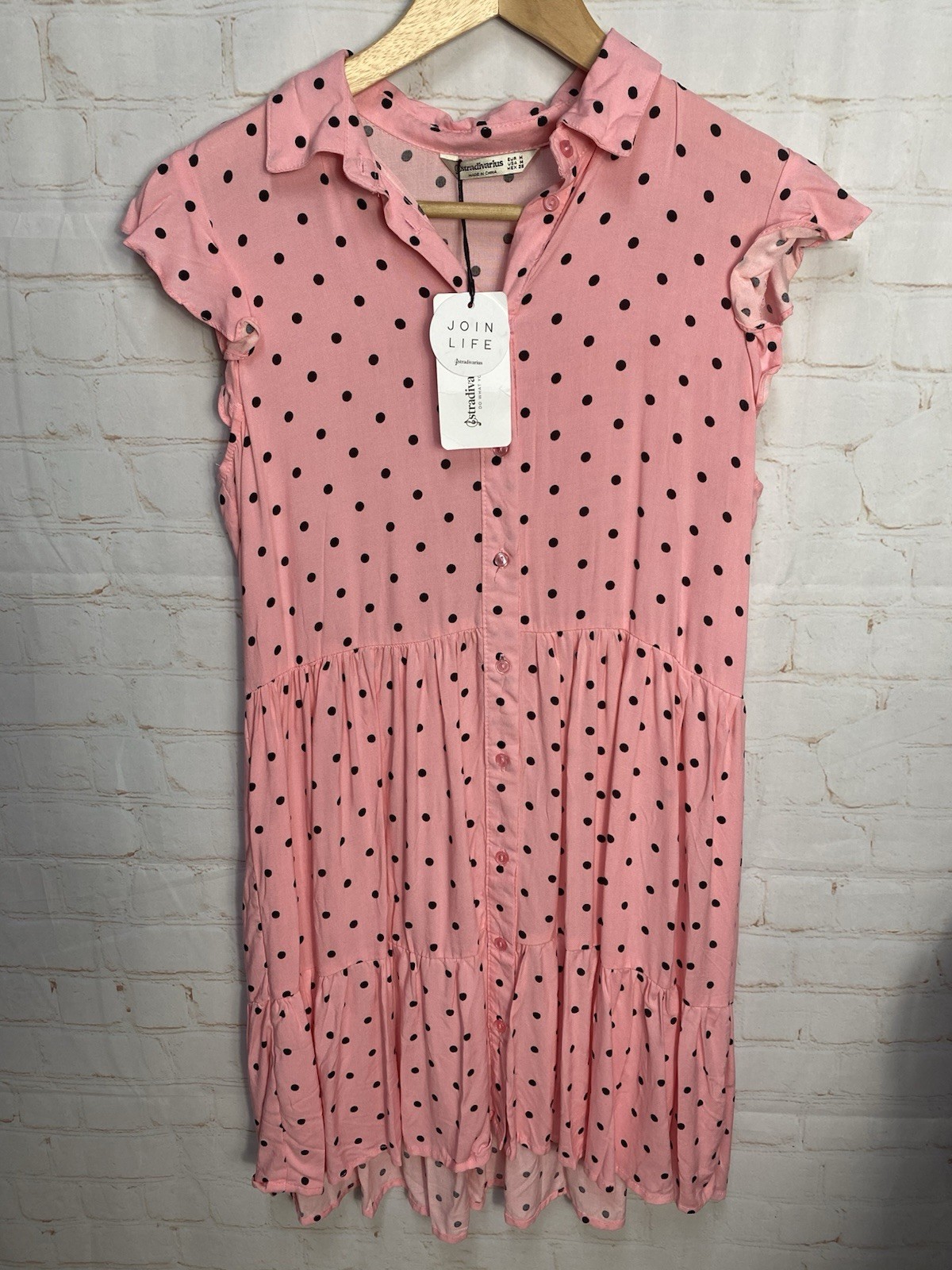 Stradivarius Pink Black Polka Dress Women’s Size Medium Button Up New With Tags