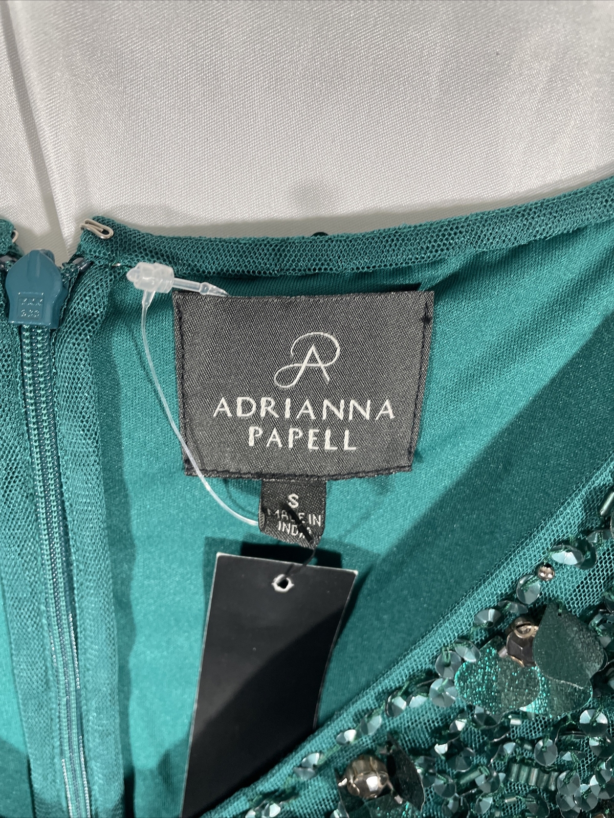 NEW Adrianna Papell Beaded Sequin Mesh Kaftan Dress Dark Jade [SZ Small ] #G809