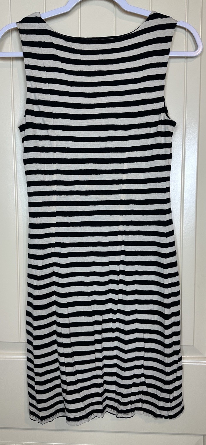 Loft striped rayon lyocell sleeveless dress front ruching knee length knit sz S