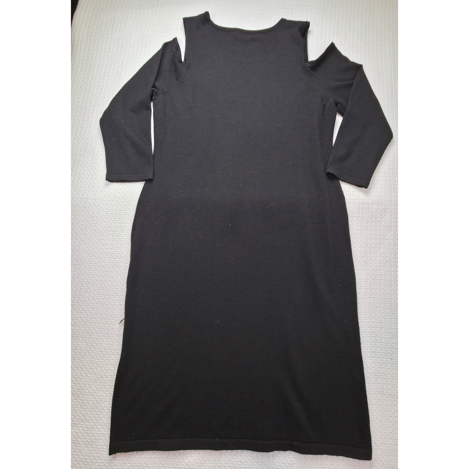 Calvin Klein Cold Shoulder Knit Dress Womens L Black Long Sleeve Midi EUC