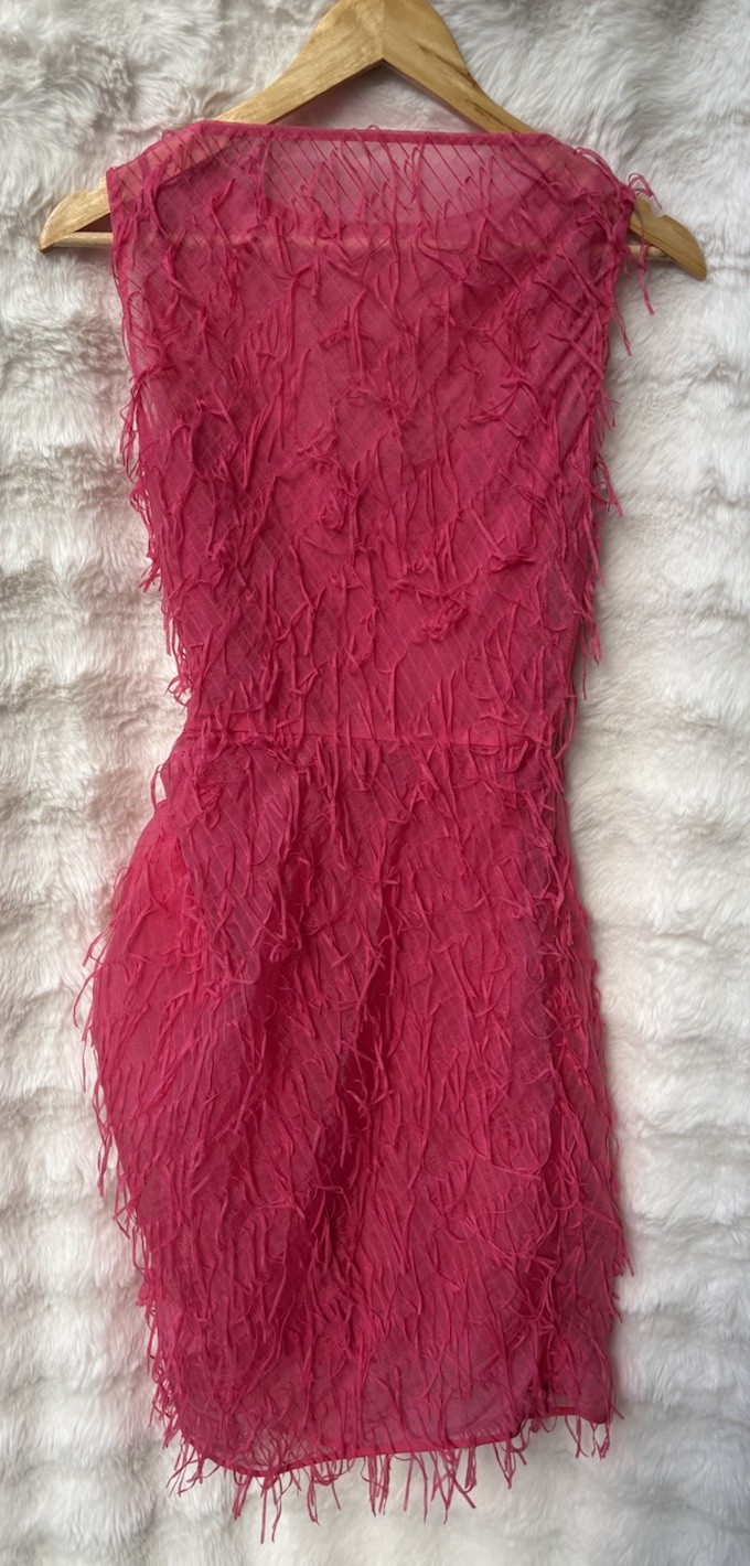SCANLAN THEODORE Rare Pink Fringe Textured Silk Dress Sheer Overlay Party AU 6 8