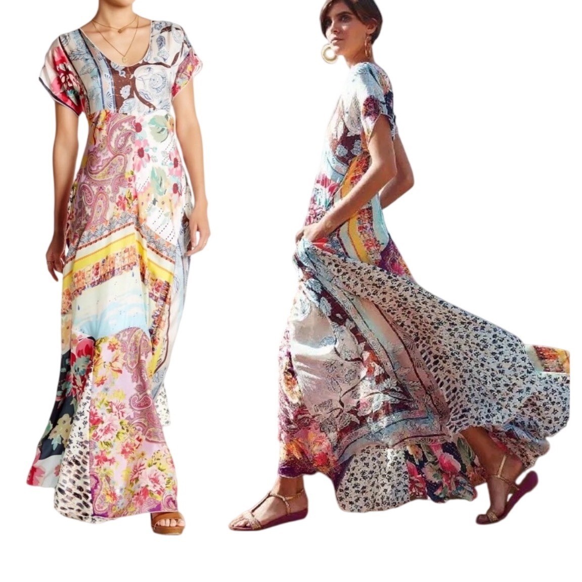 Johnny Was Georgette Patchwork Floral Paisley Maxi Dress V-Neck PXS Multi-Color