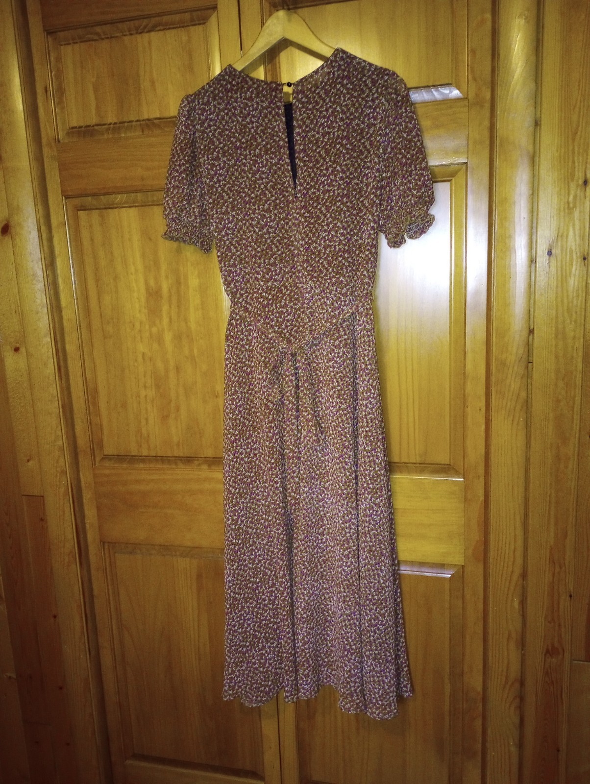 Calico Prairie Dress Brown Sz Large Boho Midi puff sleeve lined belt zip keyhole