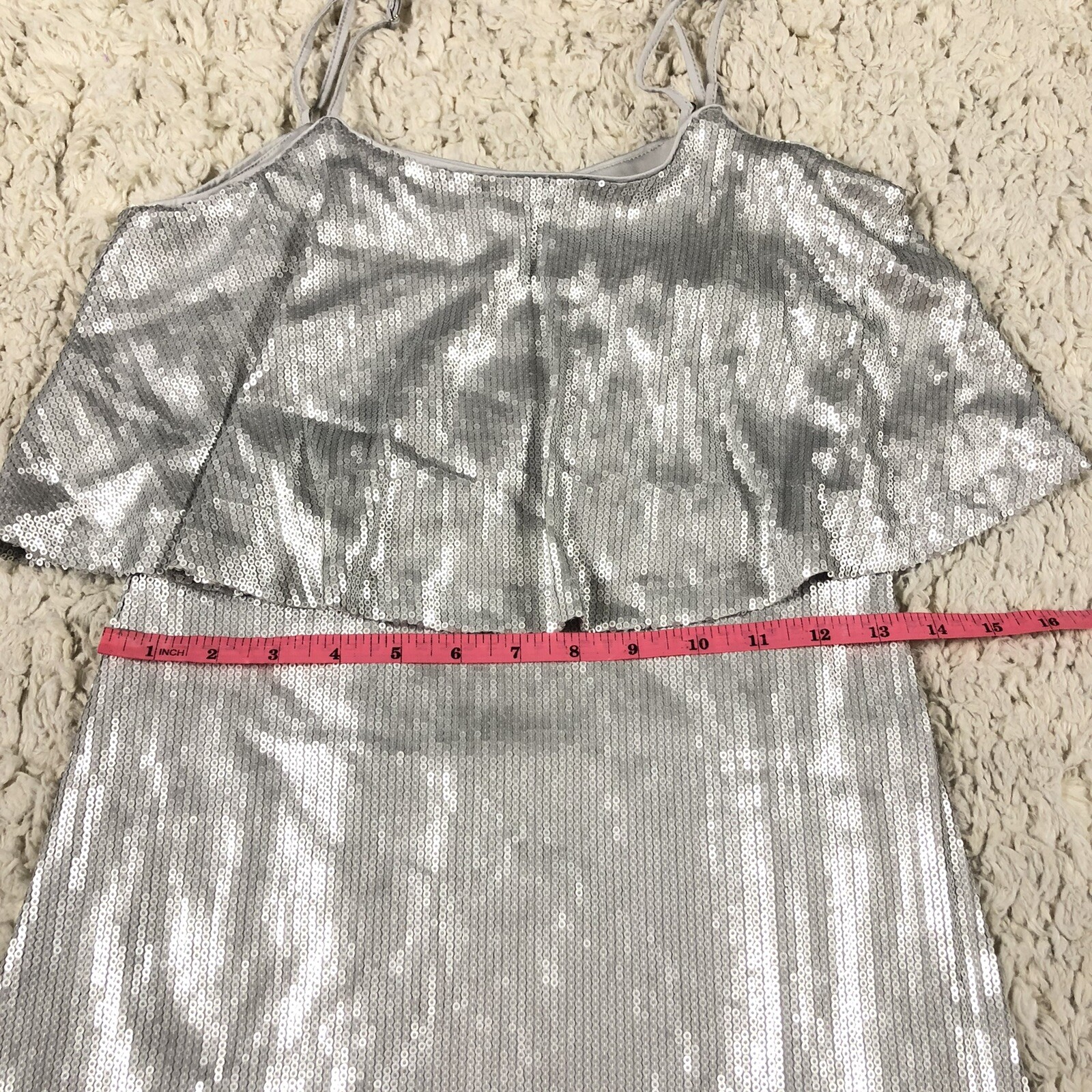 Forever 21 Silver Sequin Stretch Ruffle Mini Dress Womens Small Spaghetti Strap