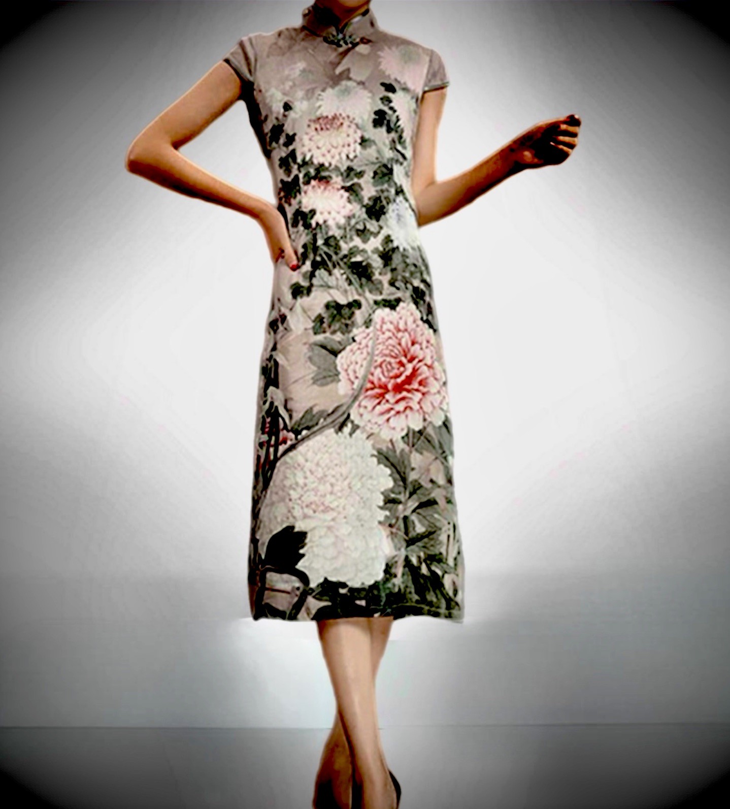 TANGMEN Traditional Chinese Dress Cheongsam Qipao Gray Floral Midi Cap Sleeves L