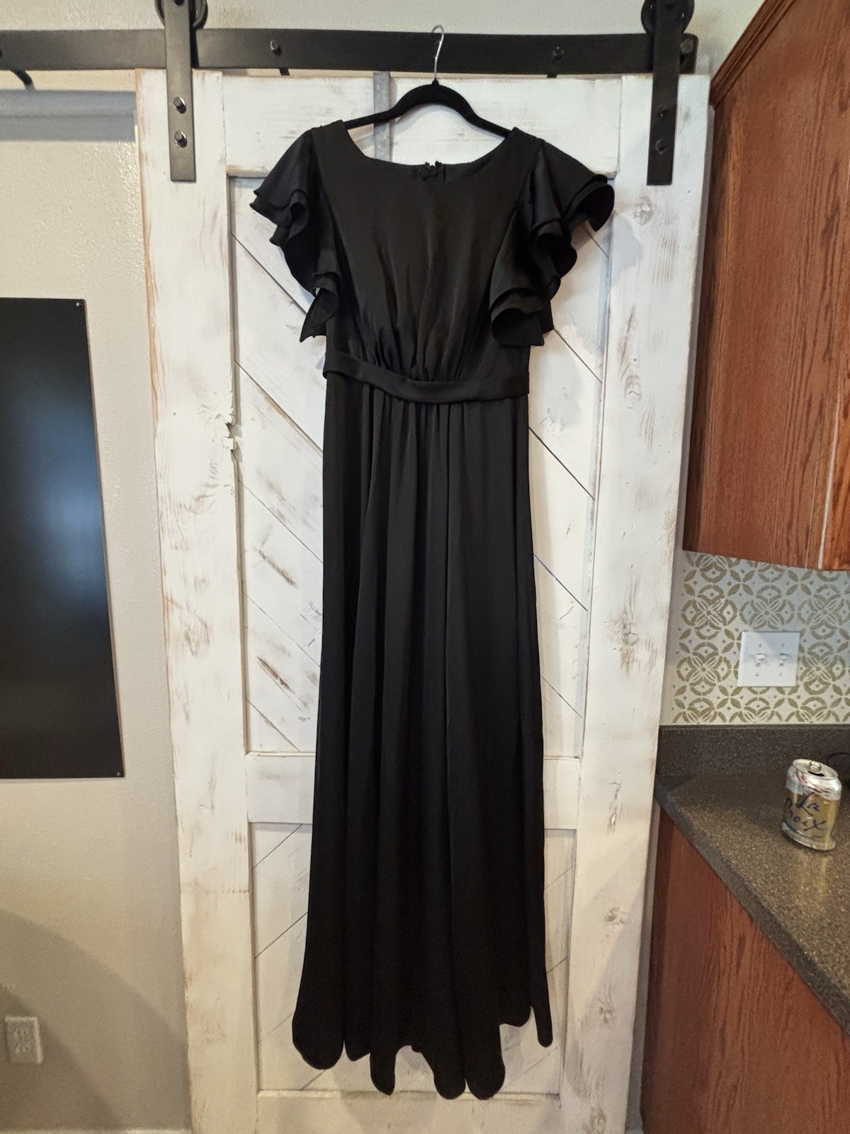 Azazie Daphne Black Satin A-Line Maxi Dress Boat Neck Ruched Ruffle Sz A2