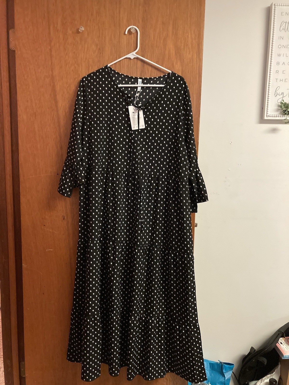 NWT VIIshow Dress XL Black With White Polka Dots Flared Sleeves MIDI