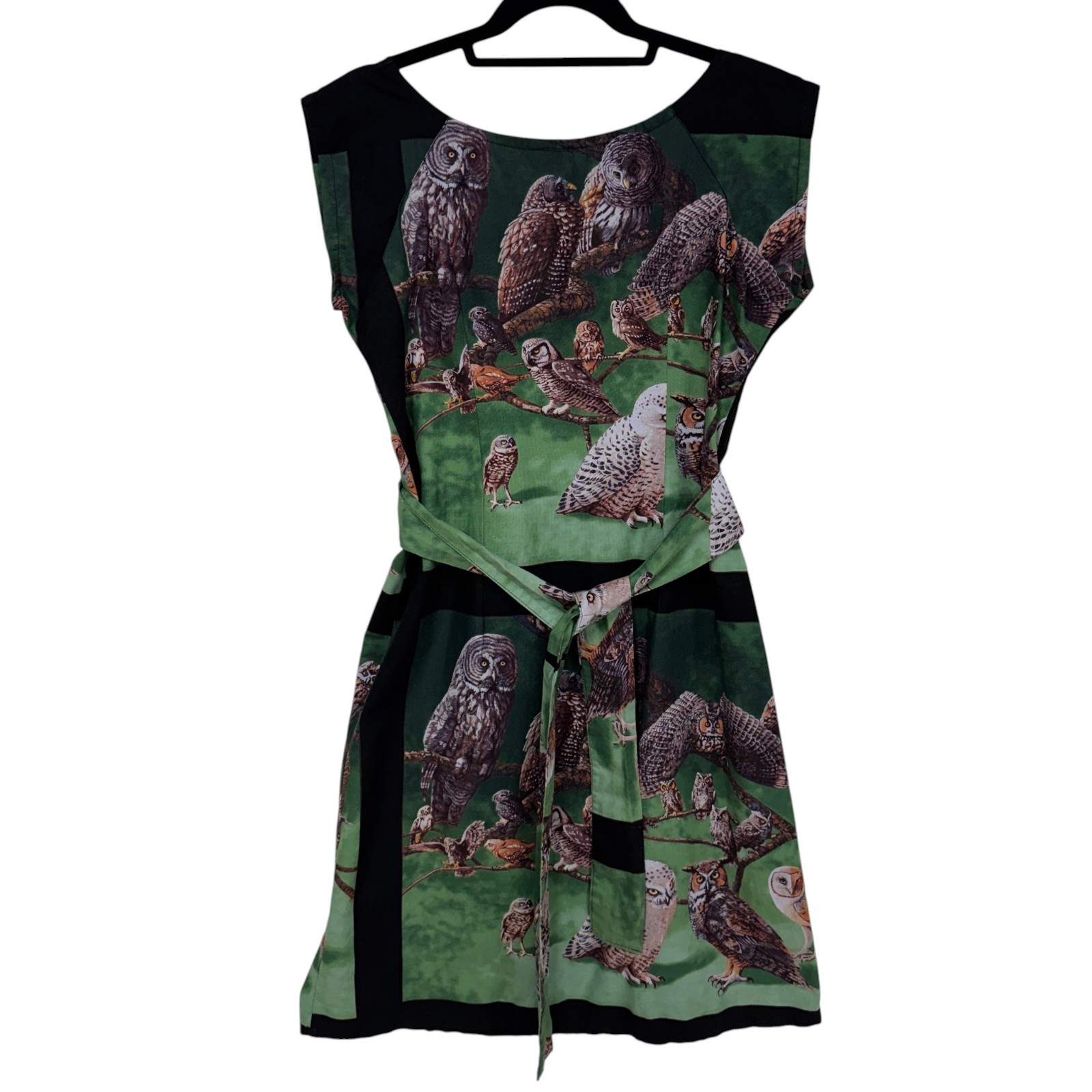 Matrushka Construction Shift Dress, Size Small, Owl Print Belted Handmade Unique
