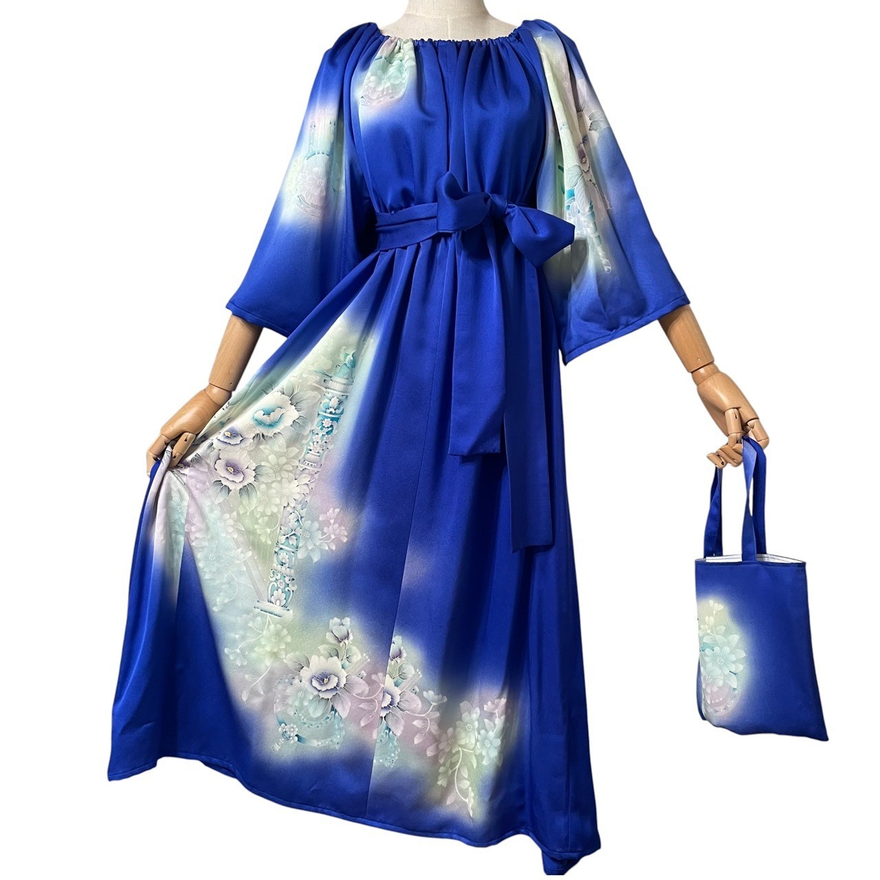 Silk Kimono Remake A-Line Long Dress Maxi with Ribbon Belt Mini Tote Bag
