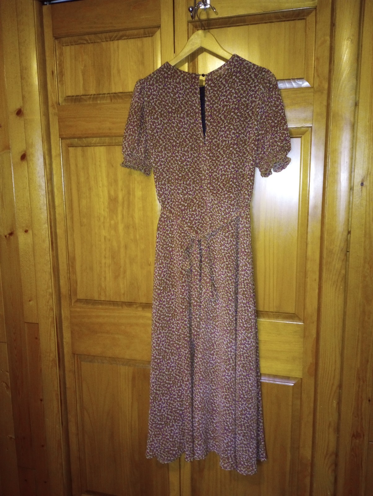 Calico Prairie Dress Brown Sz Large Boho Midi puff sleeve lined belt zip keyhole