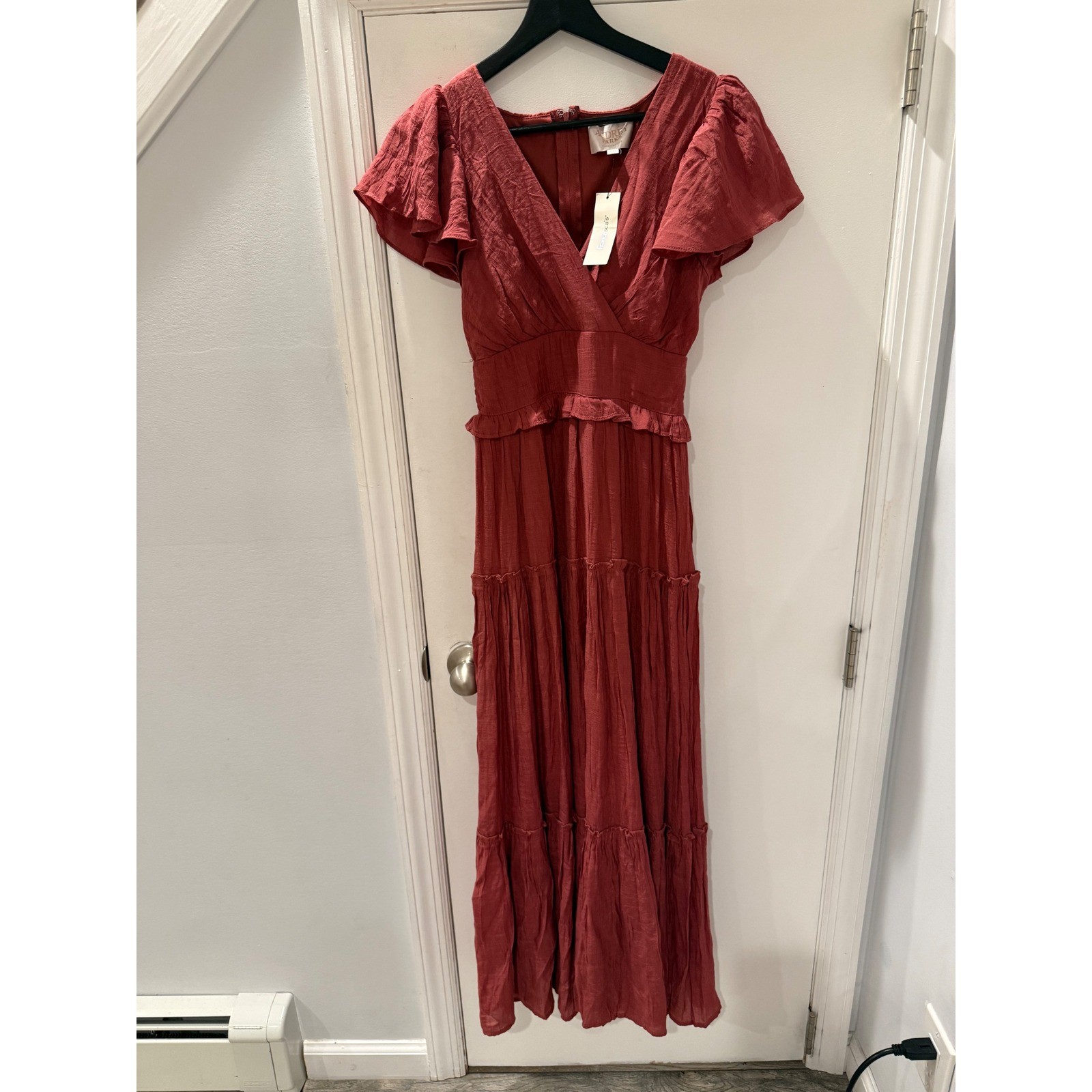 Audrey Parks Francescas Melania Tiered Maxi Dress Rust Boho Flutter Sleeve NWT