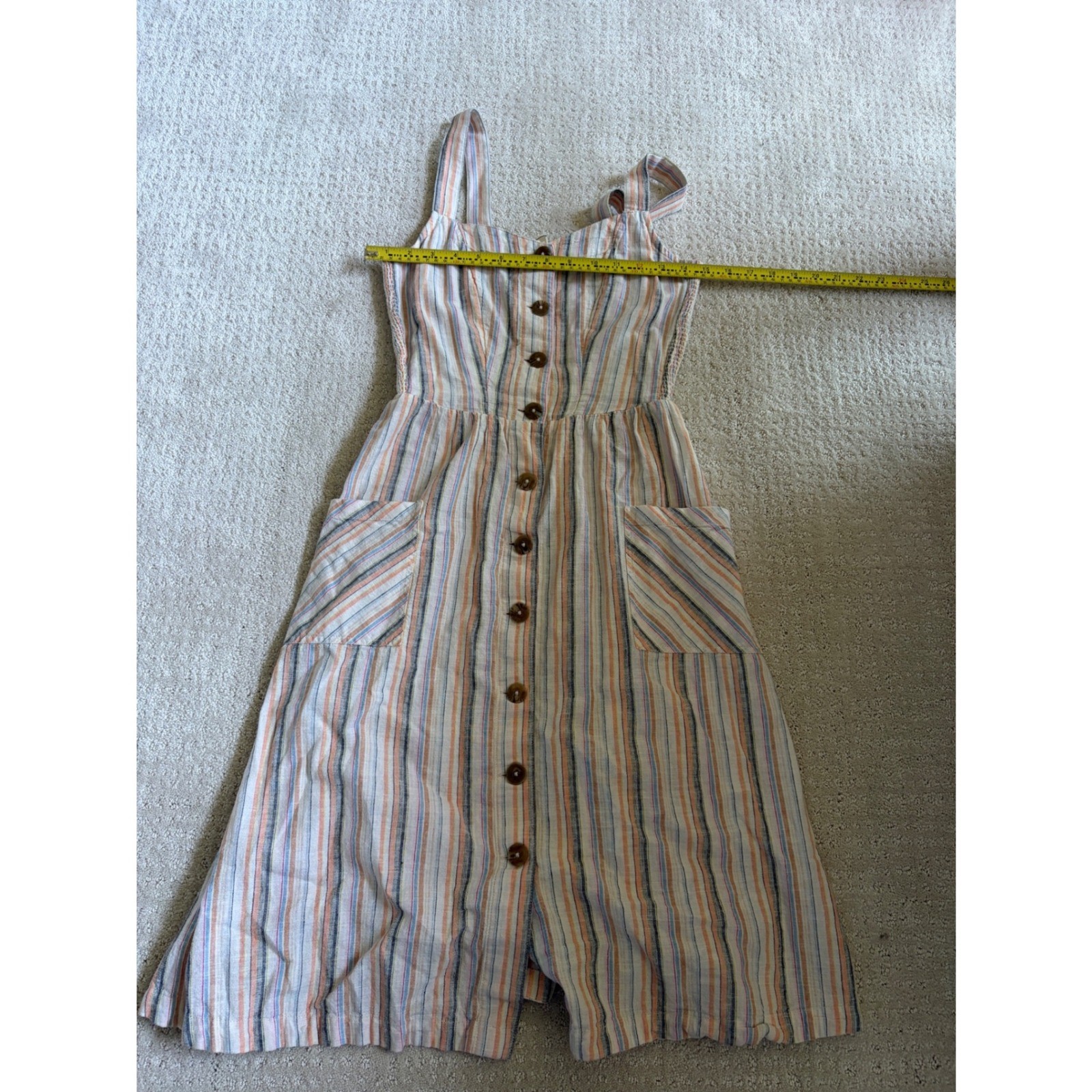 FatFace Linen Cotton Striped Button Down Midi Dress Pockets Orange Blue Womens 2