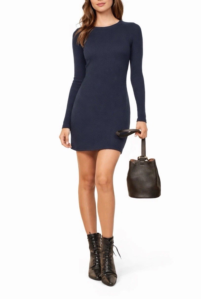 Reformation Navy Ribbed Sweater Dress XS Bodycon Tencel Long Sleeve Mini