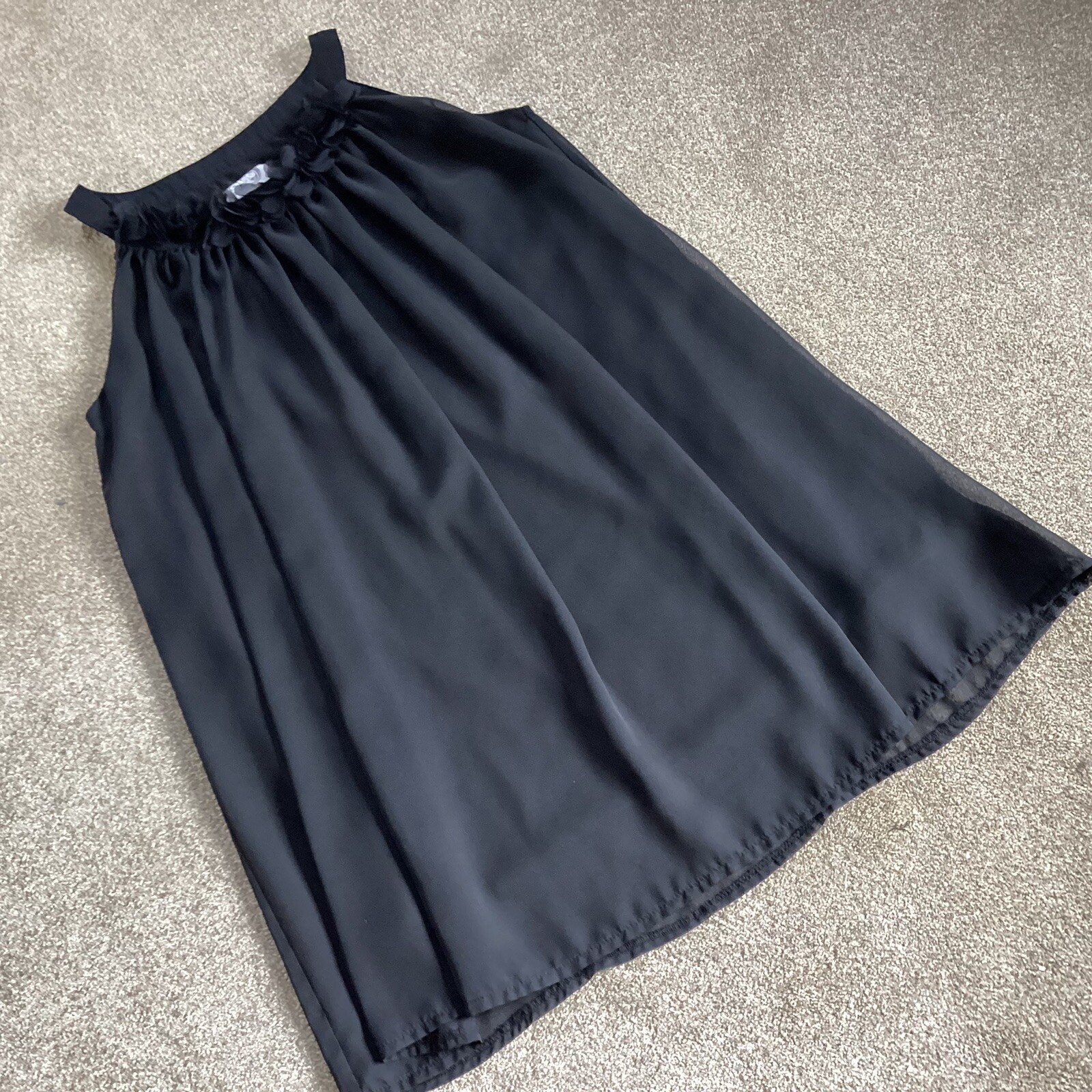 Flame black floaty dress tunic long top with stitched on ruffle flowers size 12