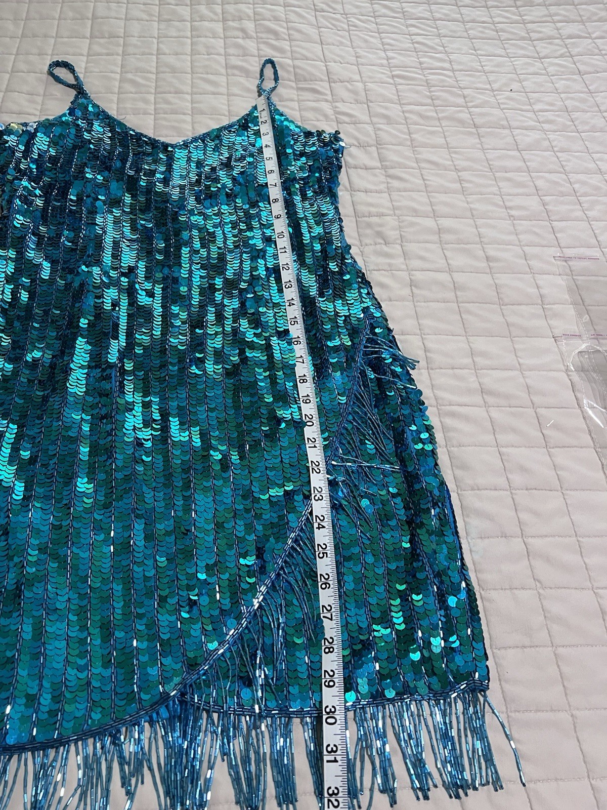 Vtg Silk Hand Beaded Sequin Fringe Cocktail Dress Teal Peacock Blue Y2K M