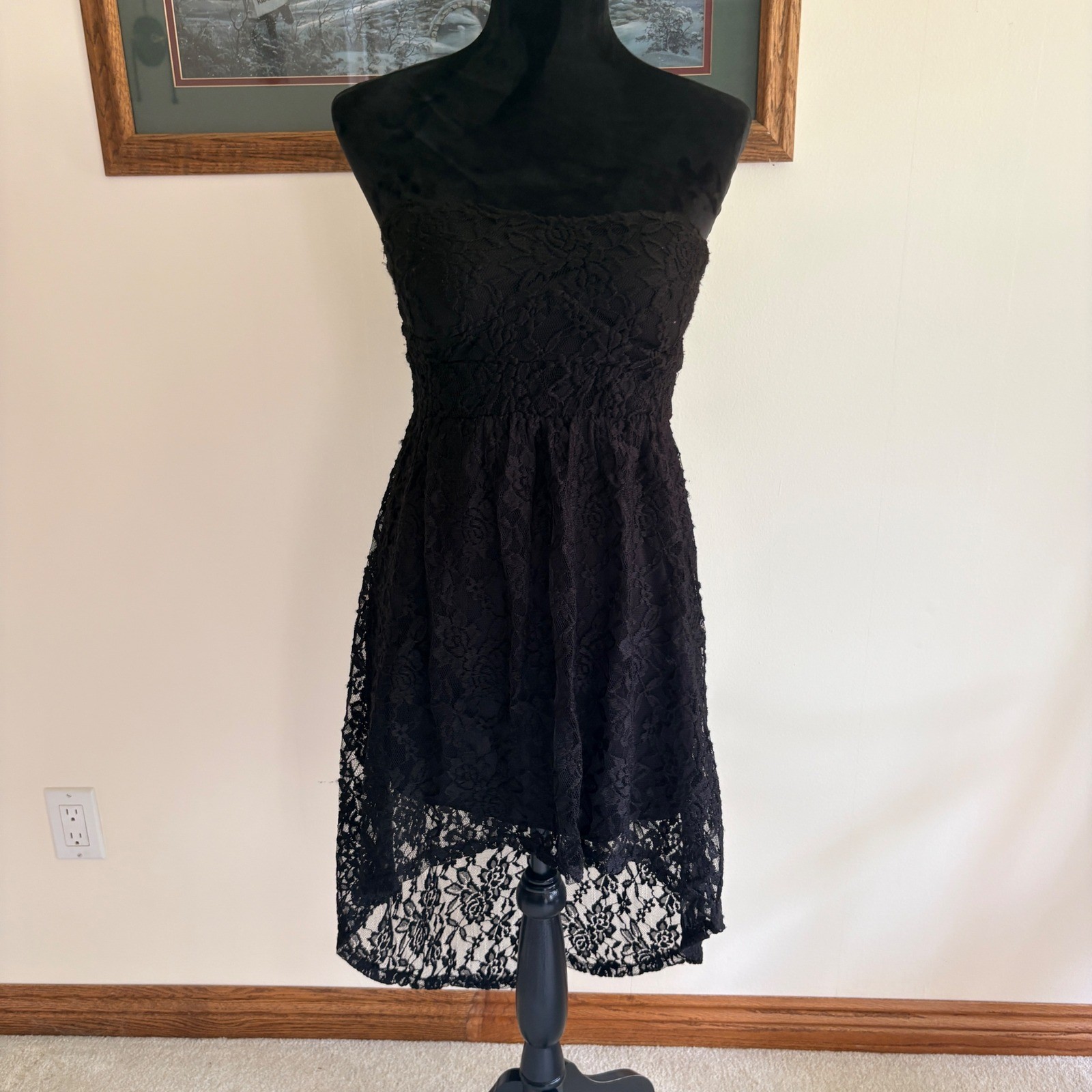 Deb Lace Strapless High Low Dress Womens Small Black Floral Party Cocktail
