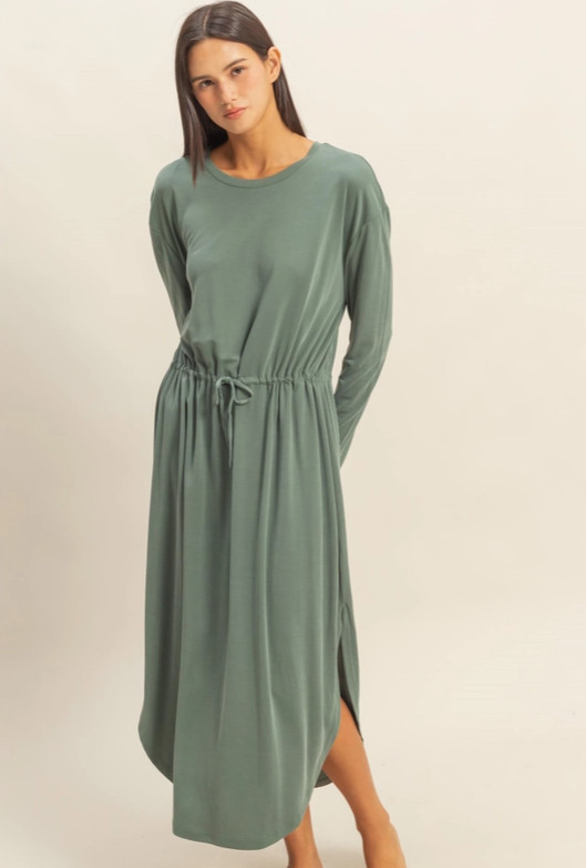Double Zero Drawstring Waist Long Sleeve Midi Dress gray green