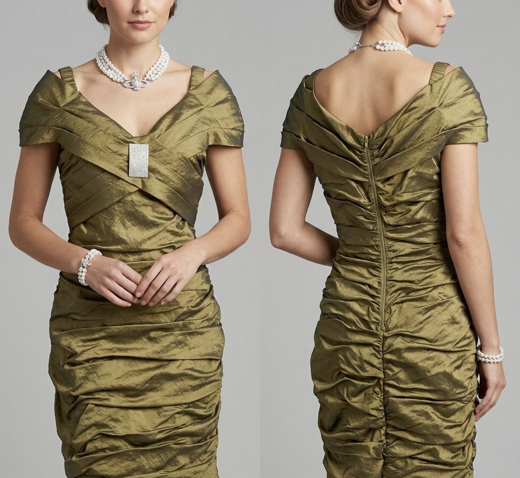 Cachet green gold diamanté brooch detail special occasion above knee dress 12