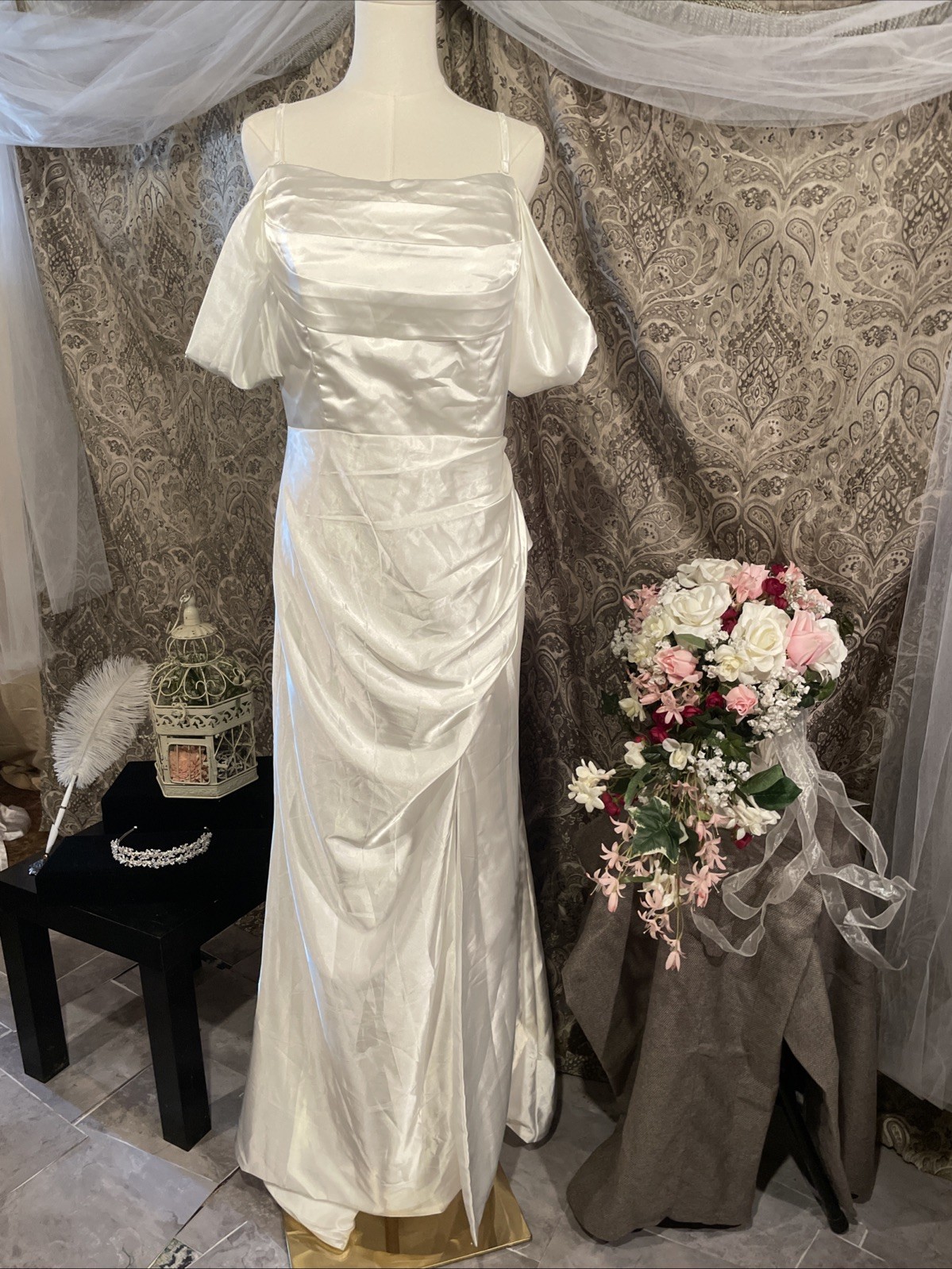 MU XiANGCHEN White Dress Long Corset Back Off The Sleeve Size 14
