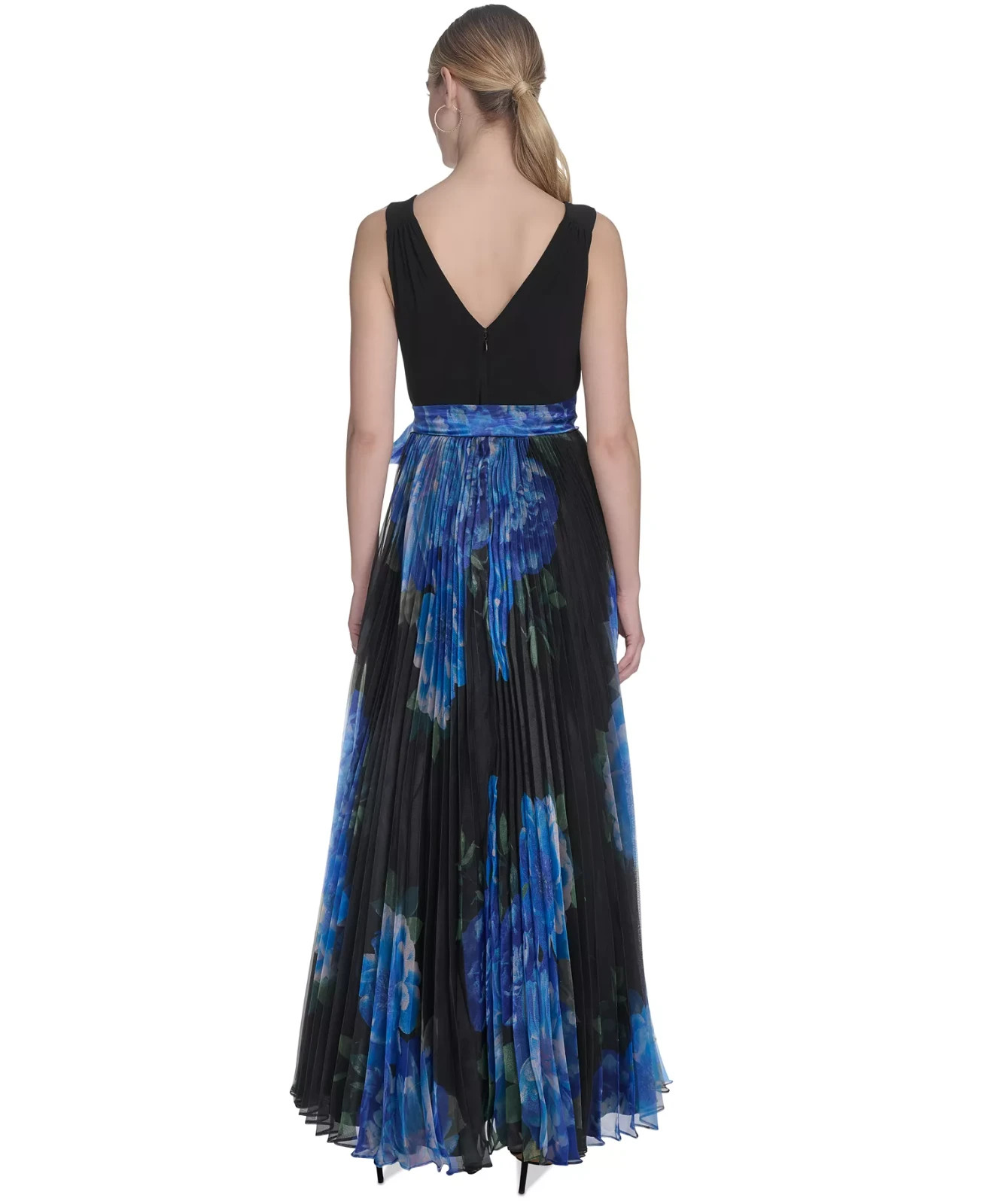 Eliza J Petite Mixed-Media V-Neck Sleeveless Pleated Gown – Black/Blue Size 14P