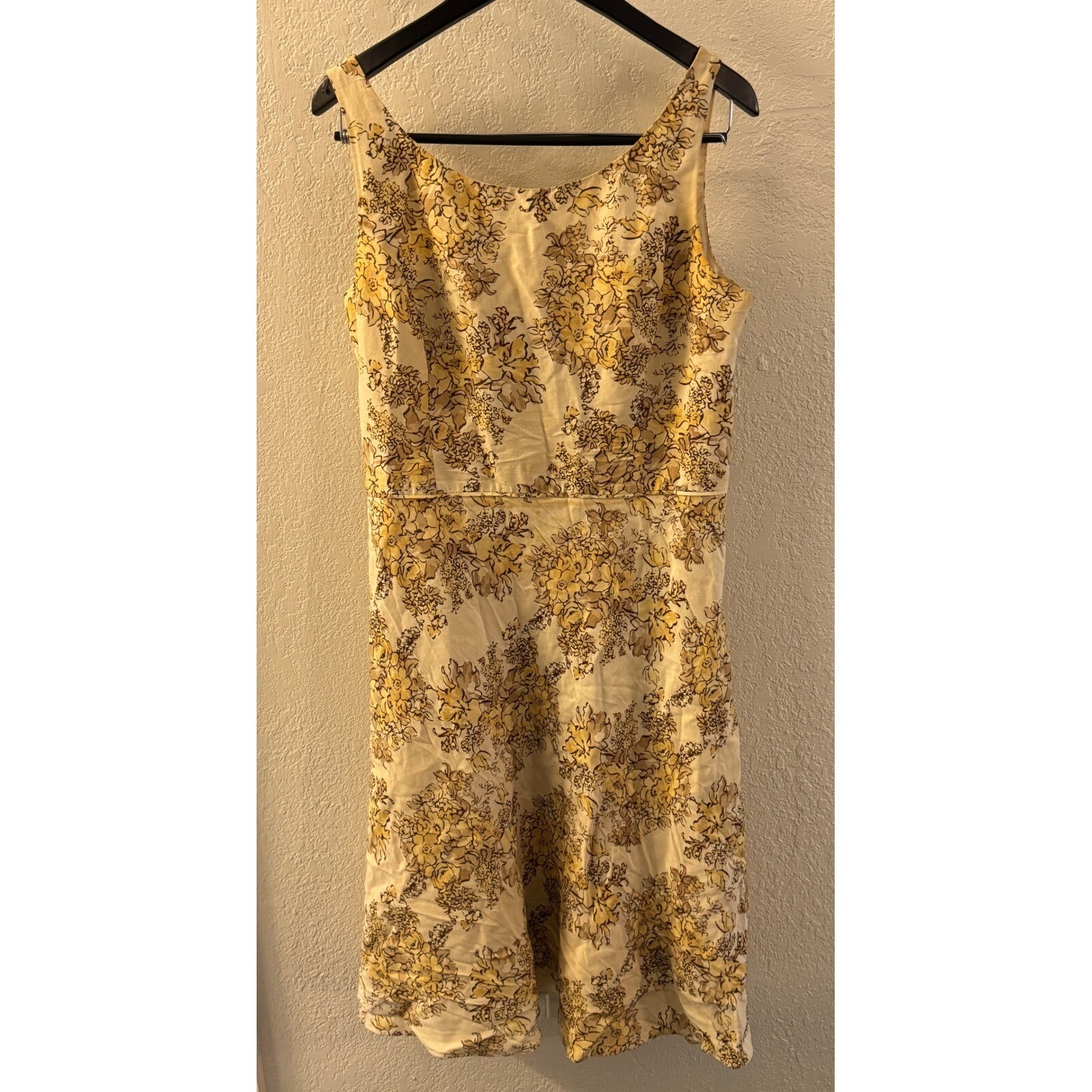 Ann Taylor LOFT Floral Linen Blend Dress Women’s 14 Sleeveless Tan Yellow Retro