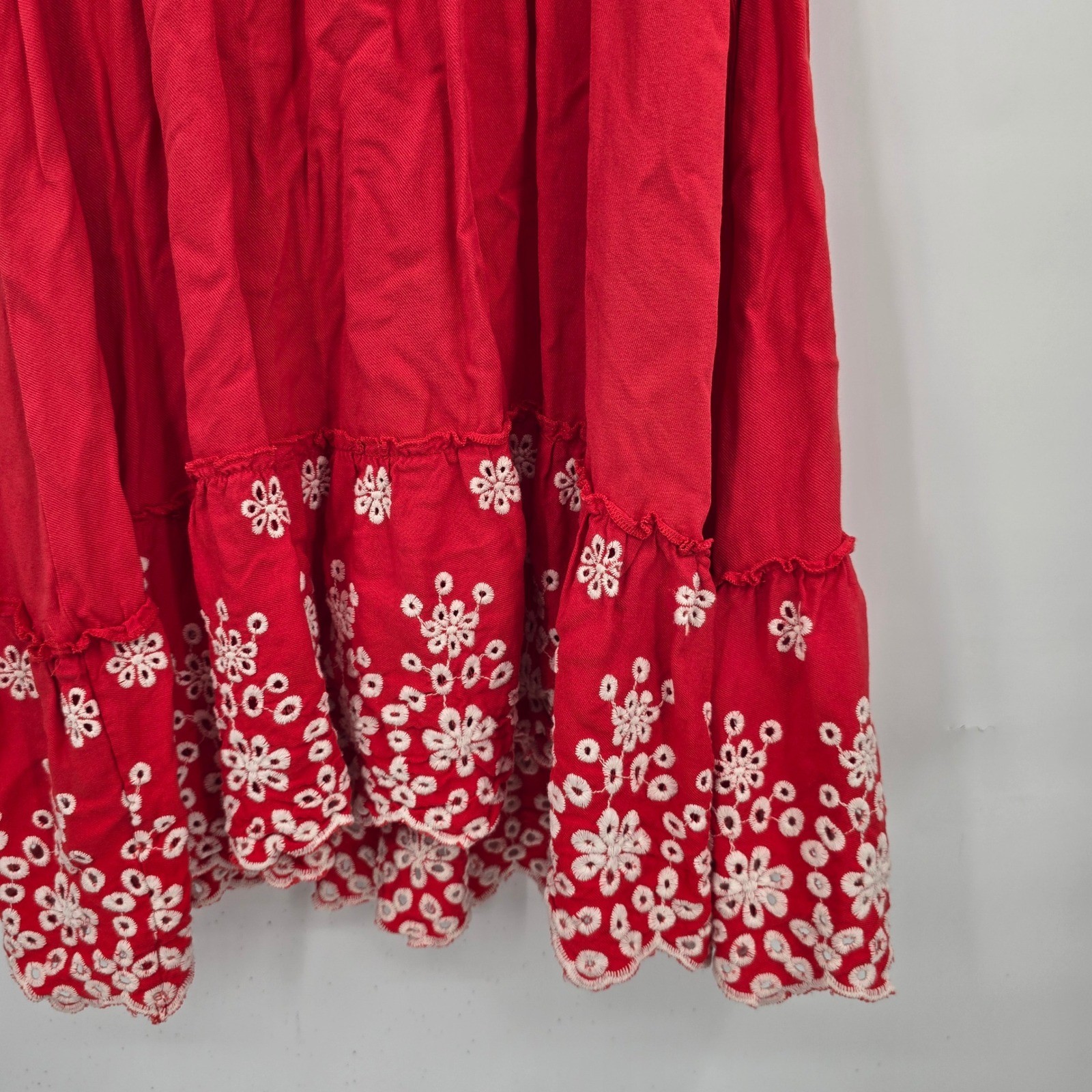 Solitaire Boho Red Dress Ruffle Sleeve Embroidered Hem Summer Mini Size M