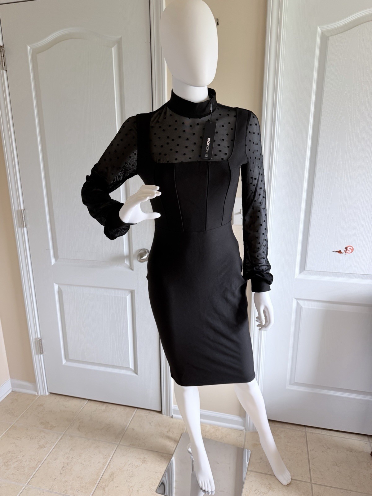 NWT Fashion Nova Come My Way Black Sheer Polka Dot Mesh Long Sleeve Midi Dress