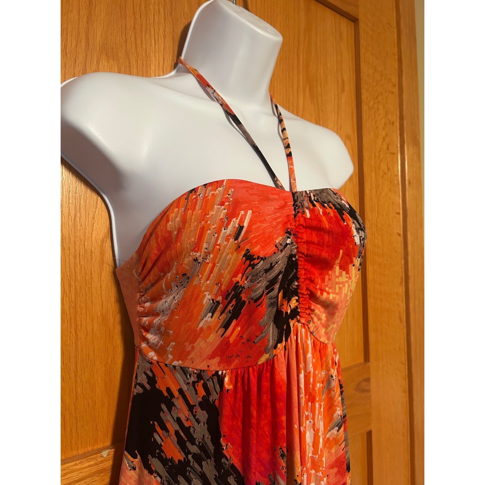 Vibrant Boho Orange Abstract Print Halter Maxi Dress Women’s Size Large