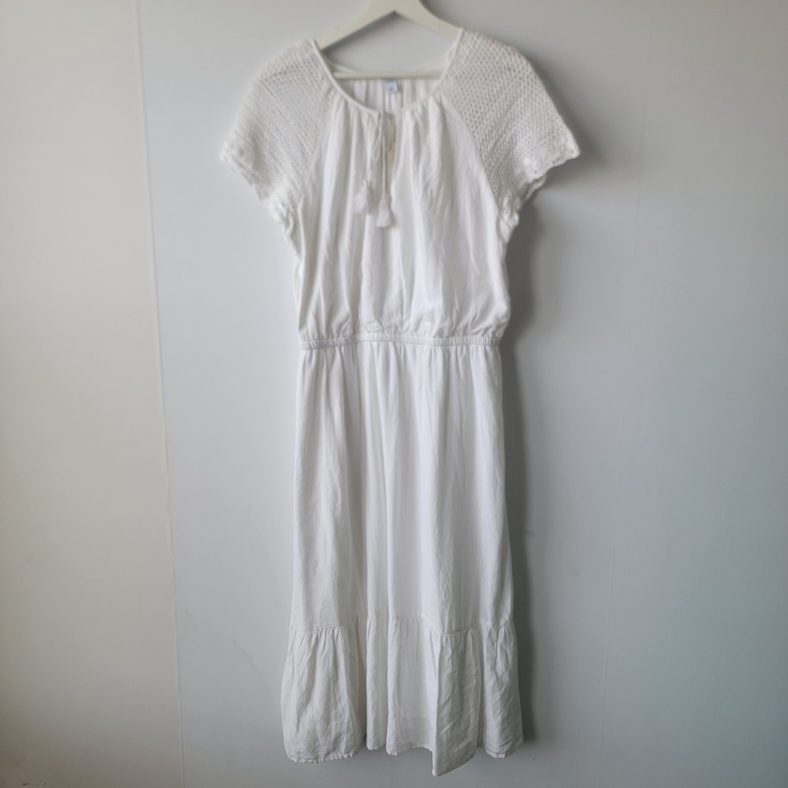 Old Navy women’s Midi dress sz L short tasseled crochet sleeves clean girl Lined