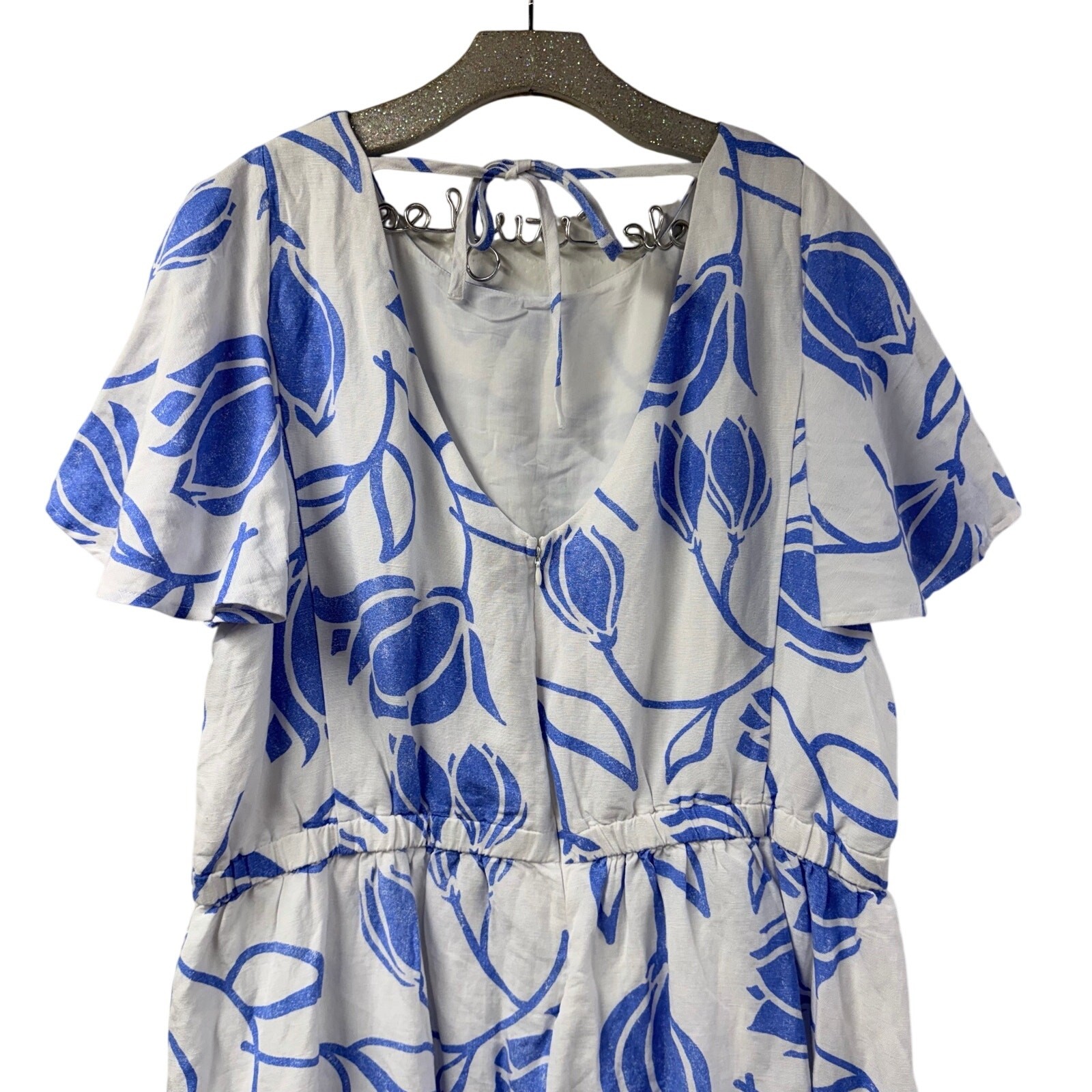 Lane Bryant Floral Dress 22 Ruffle Sleeve Tie Back Blue White Linen Blend