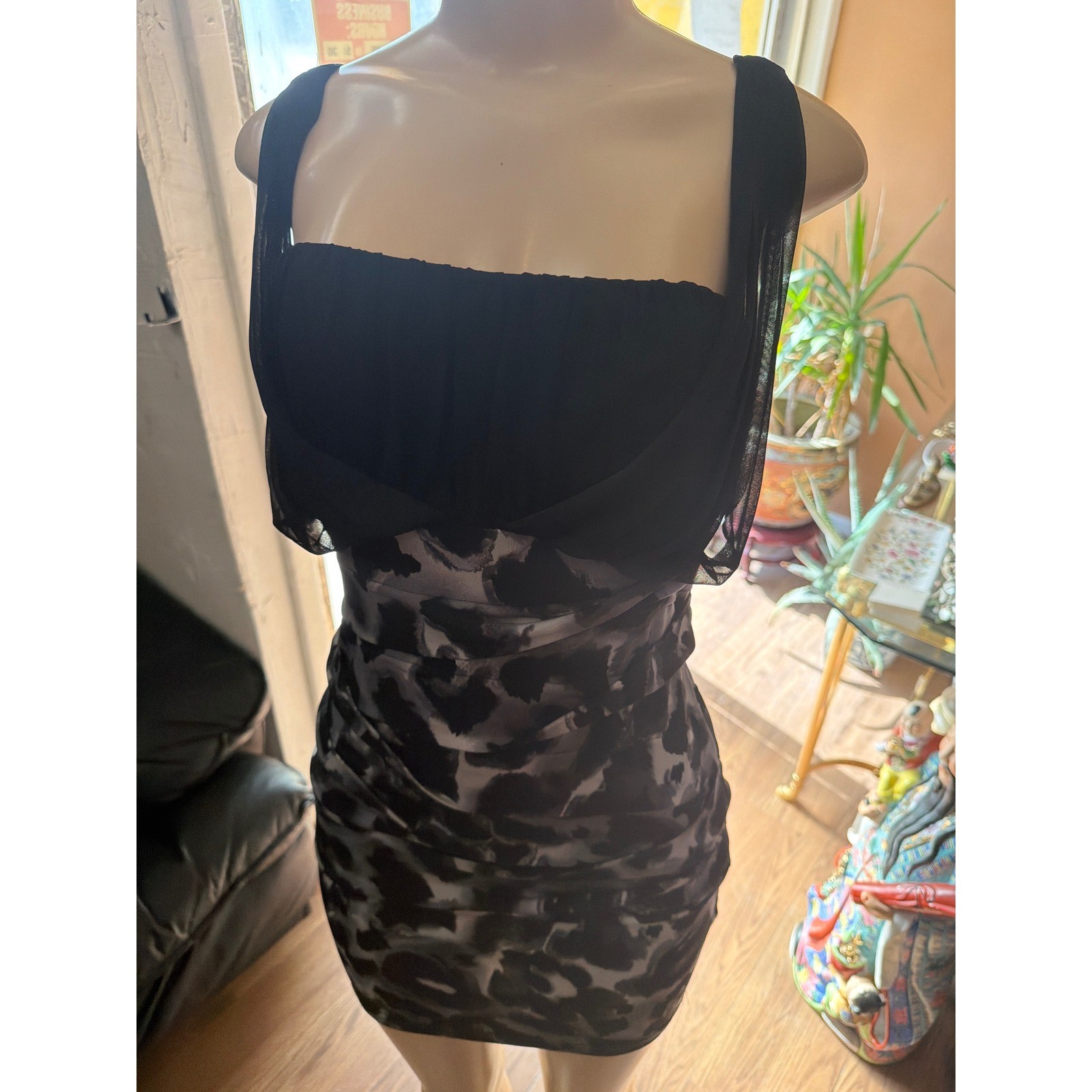 Black Ruched Bodycon Mini Dress Grey Animal Print Sleeveless Cocktail Dress