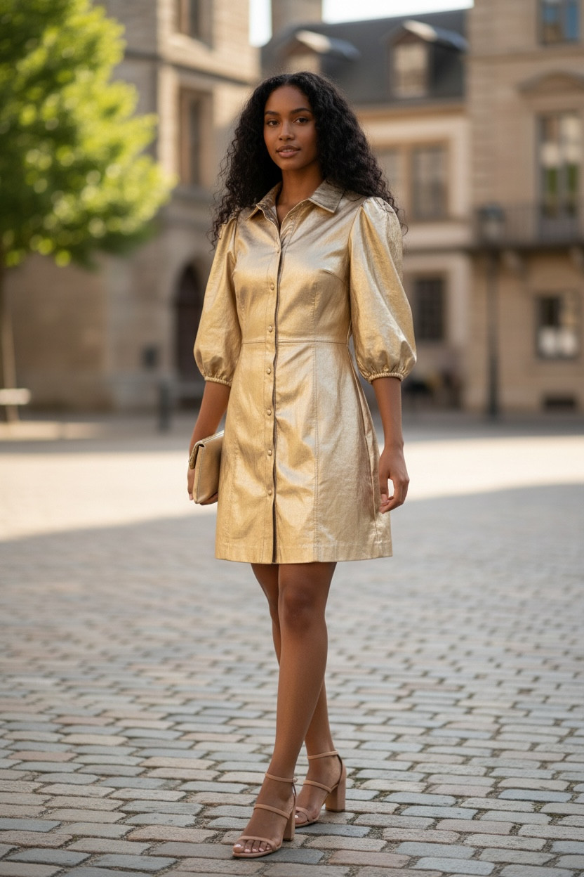 Karlie Gold Metallic Snap Button Puff Sleeve Faux Vegan Leather Dress size M