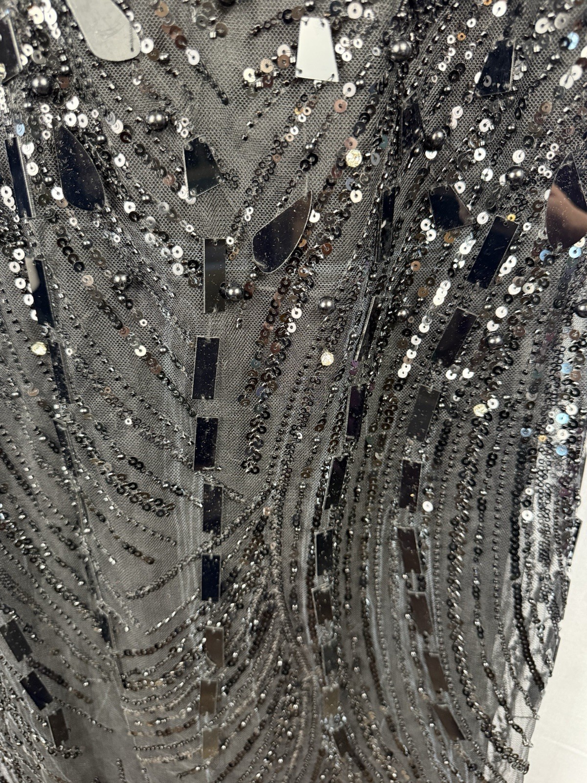 Black Beaded Sequin Sheer Midi Dress Lace Back Formal Party S Small