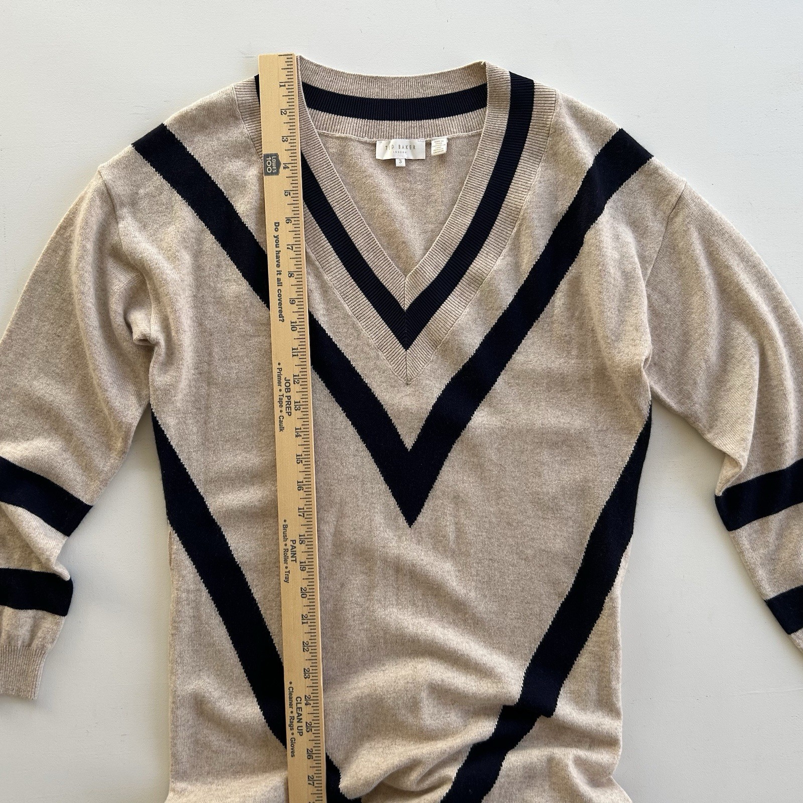 Ted Baker Knit Wool Cashmere Blend Sweater Dress Chevron Tan Navy Women’s Size 3