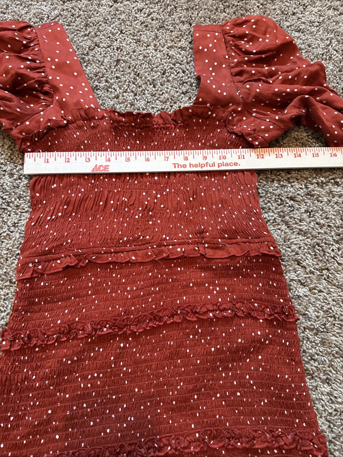 Olivaceous Smocked Puff Sleeve Mini Dress Burnt Orange Polka Dot Size Medium