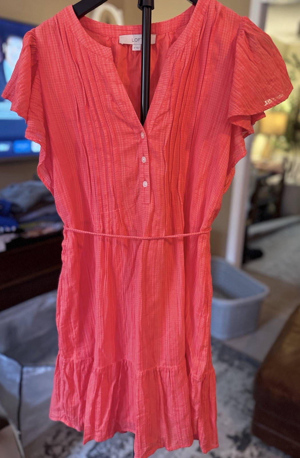 Loft Lightweight Lined Orange Ruffle Sleeve V Neck Dress Medium