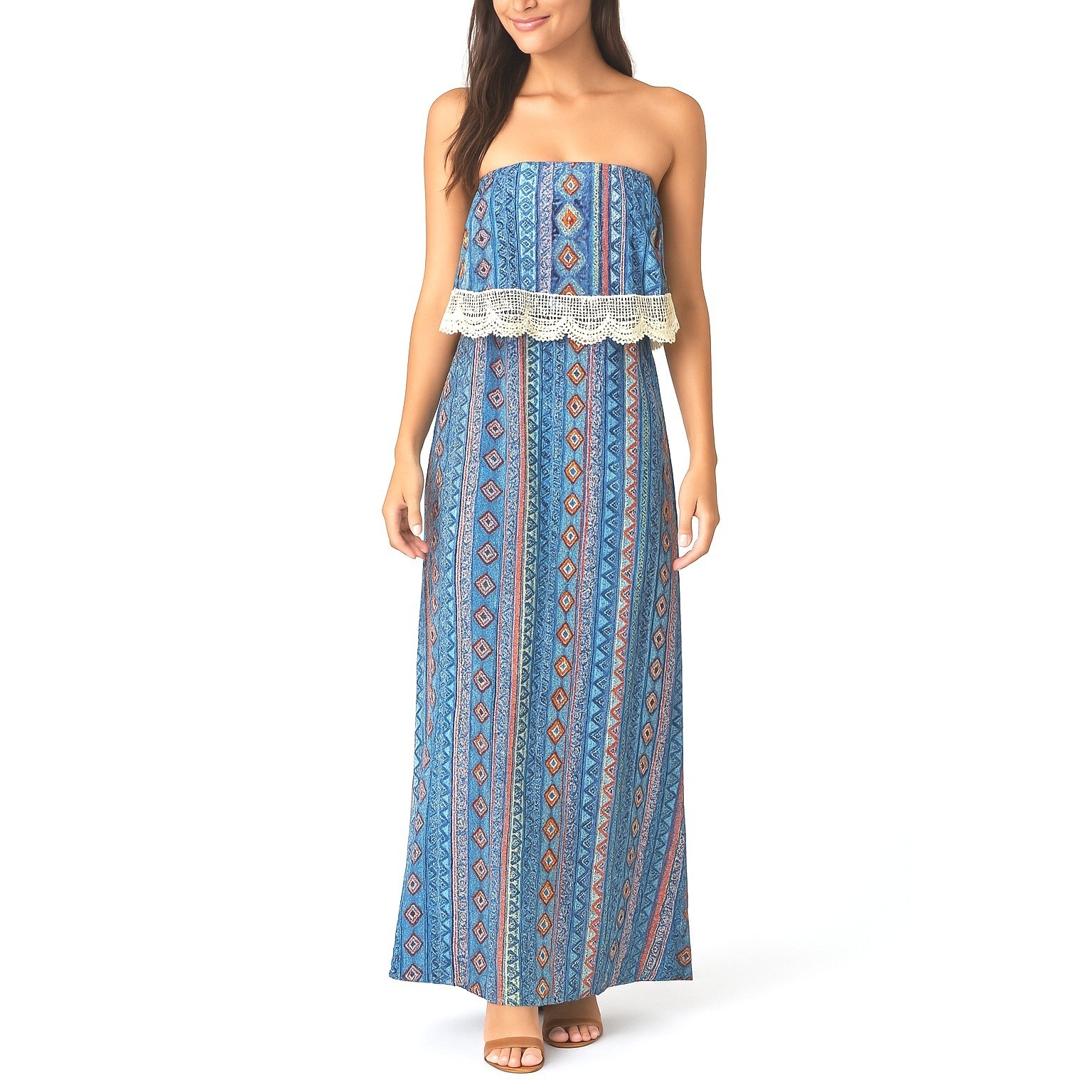 Rue21 Multi-Color Maxi Dress Size Small Bohemian Tribal Strapless Ruffle NEW