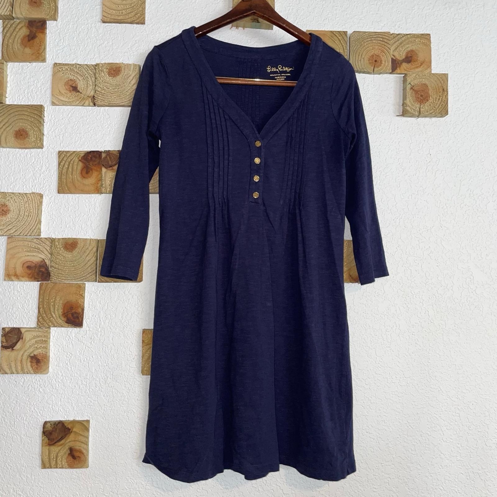 Lilly Pulitzer T-Shirt Dress Small Amberly Swingy Pintuck A-Line 3/4 Sleeve Navy
