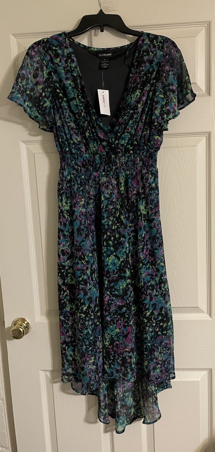 NWT Lane Bryant Hi-Low Dress Women’s Sz 14 Green Multicolor Floral Flutter Sleev