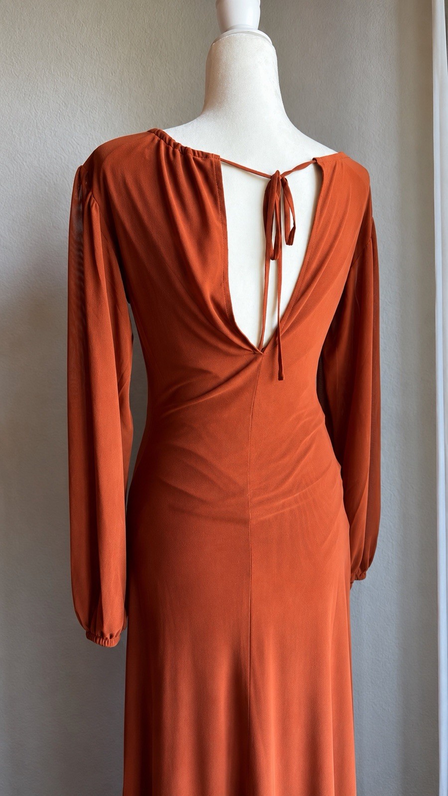 Acoa Rust Burnt Orange Mesh Sleeve Ruched Maxi Dress Open Back Size Small