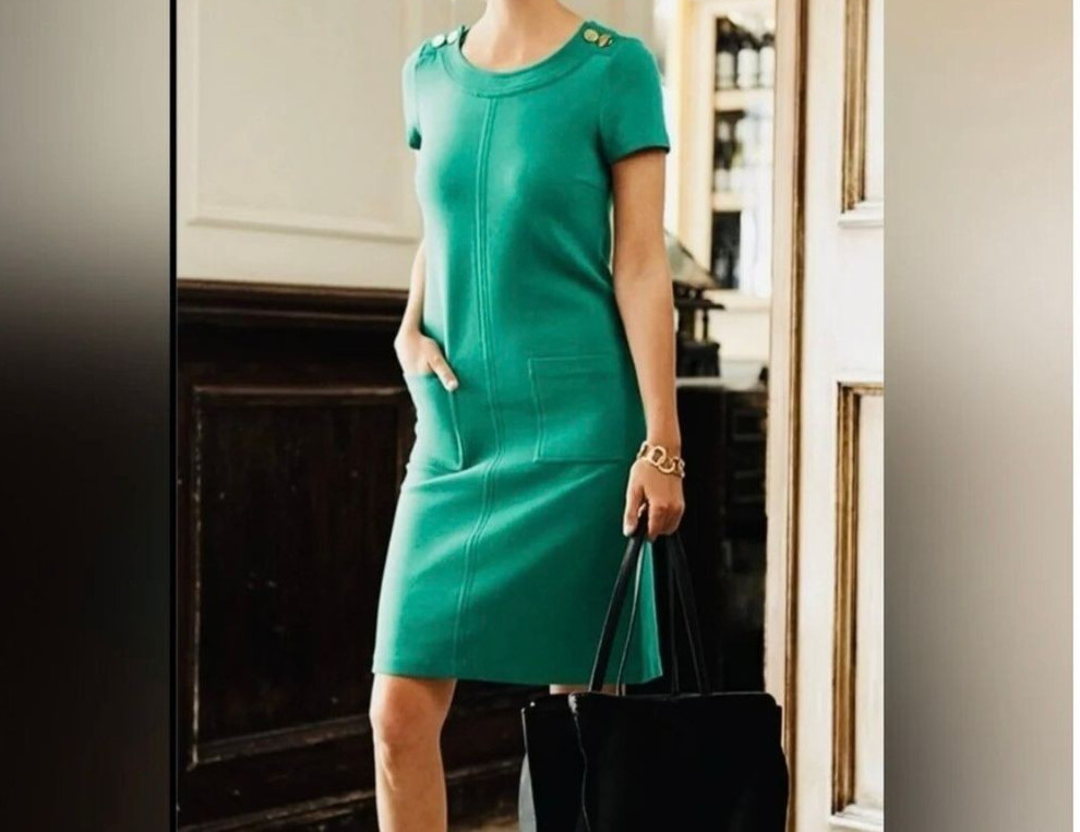 Boden Ottoman Textured Knit Shift Dress in Kelly Green Gold Button US Size 12 R