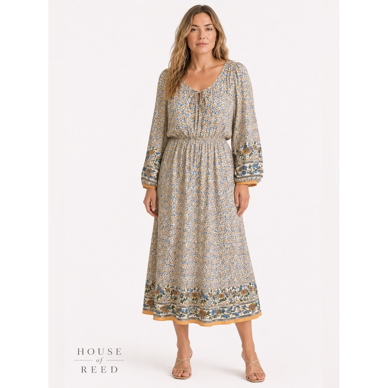 Floral Border Boho Midi Dress in Mustard and Blue
